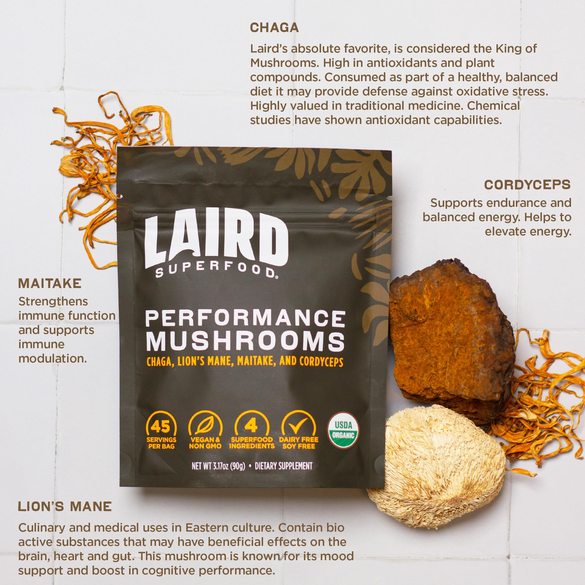 Laird Superfood en taza de café demostrando mezcla suave y sabor estable