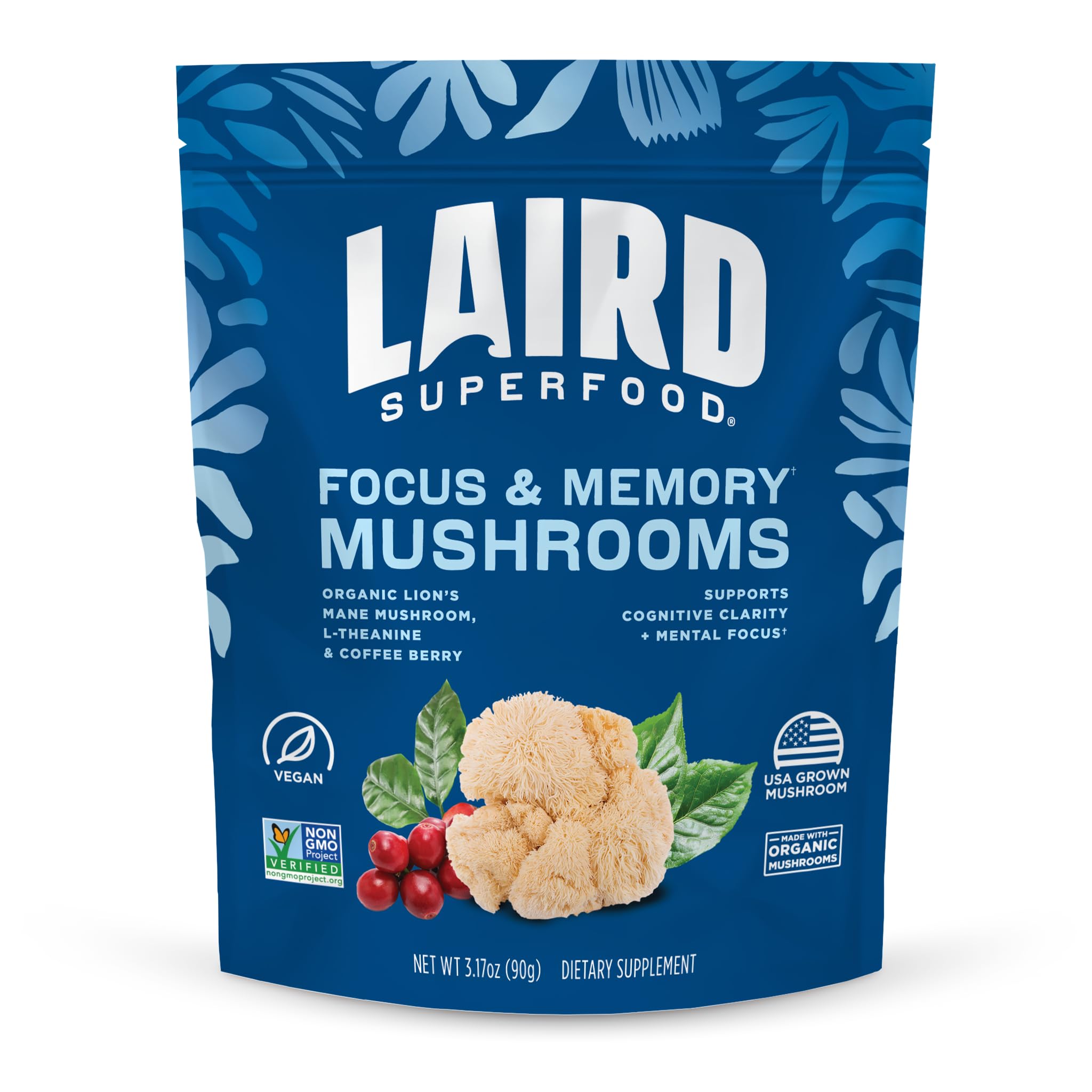 Laird Superfood frente del empaque mostrando bolsa y sello orgánico, fácil identificación
