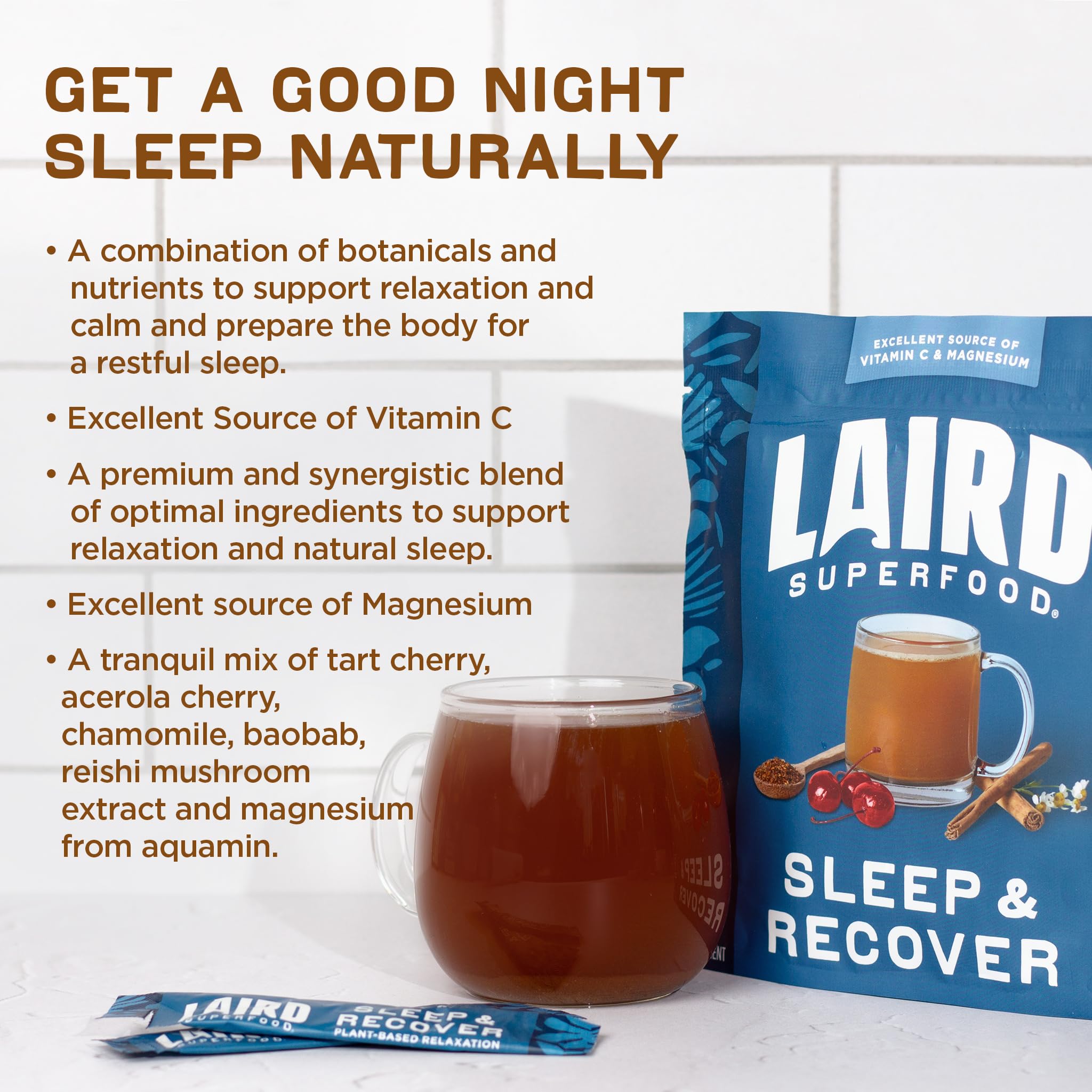 Laird Superfood ingredientes: cereza ácida y manzanilla resaltando origen natural