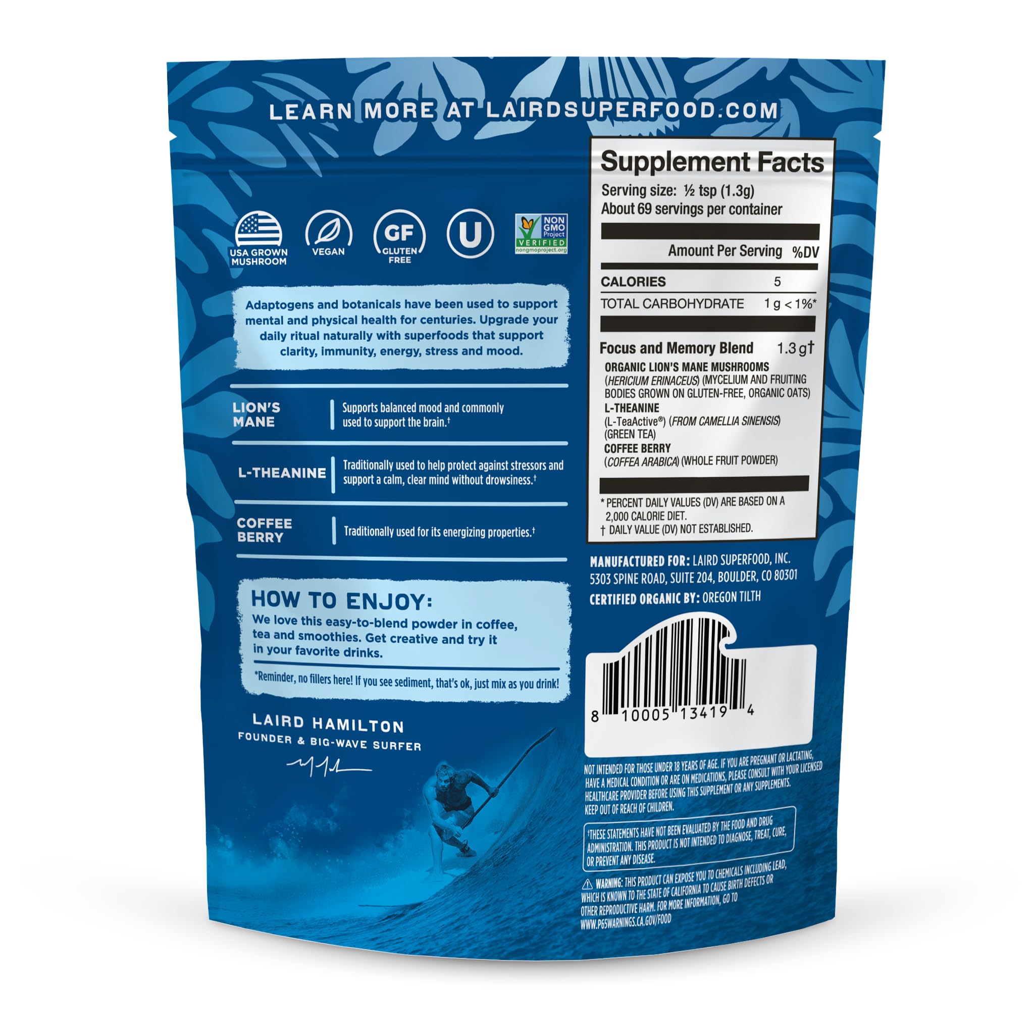 Laird Superfood textura del polvo cerca, polvo orgánico sin rellenos para mezclar