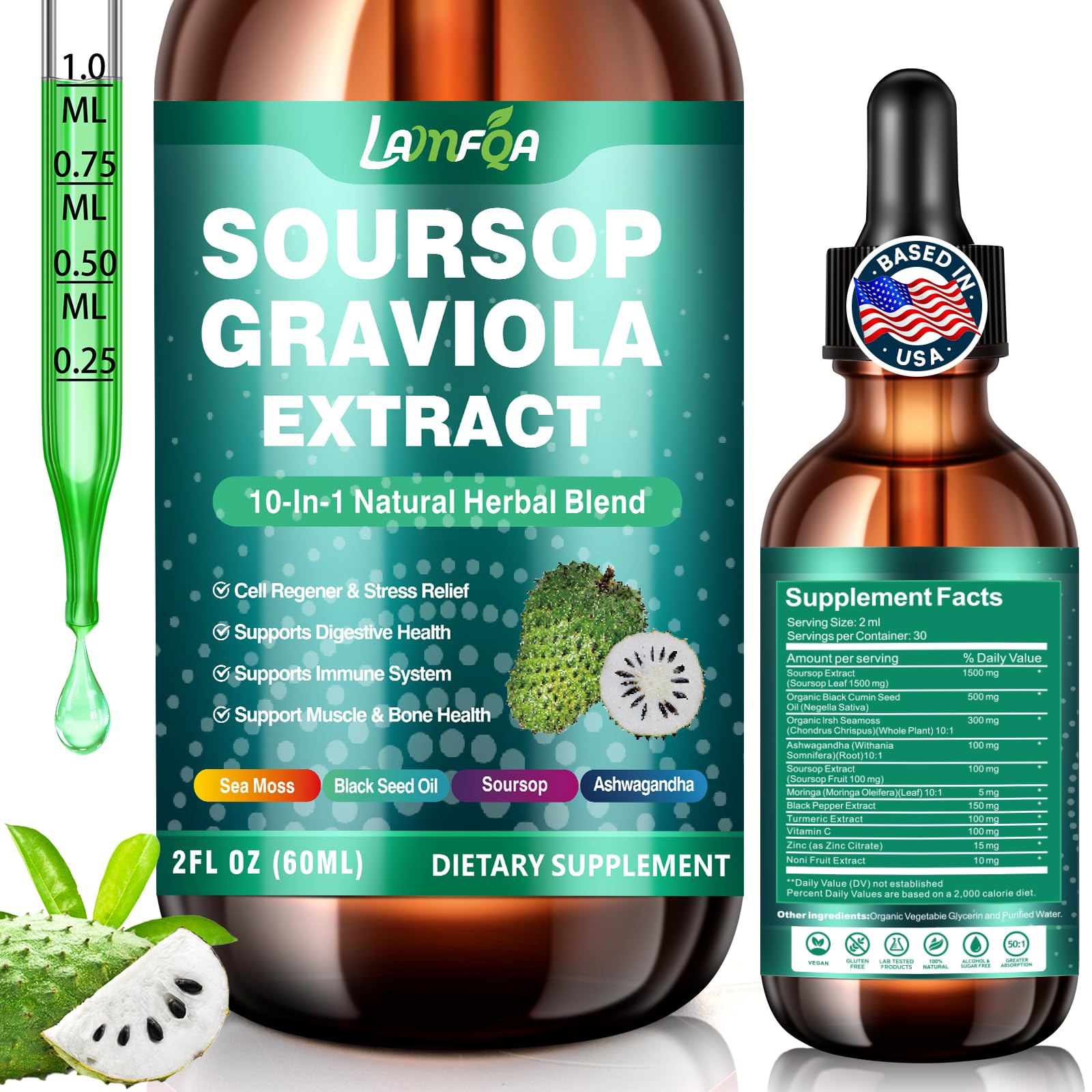 LAMFQA frasco frontal del Soursop Bitters mostrando etiqueta y tamaño, ideal para añadir a tu rutina