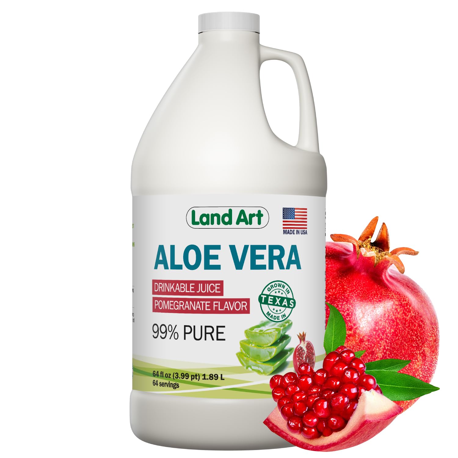 Land Art botella frontal mostrando aloe vera con granada y fácil dosificación