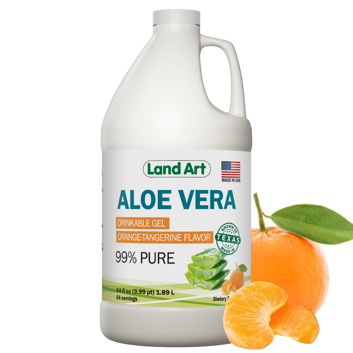 Land Art botella frontal naranja mostrando etiqueta y volumen 64 fl oz beneficios de pureza