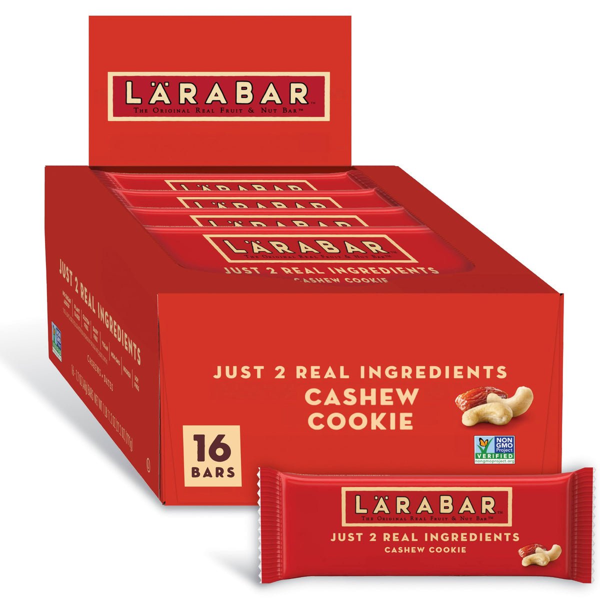 LÄRABAR frente del empaque mostrando la caja de 16 barras, práctico y natural