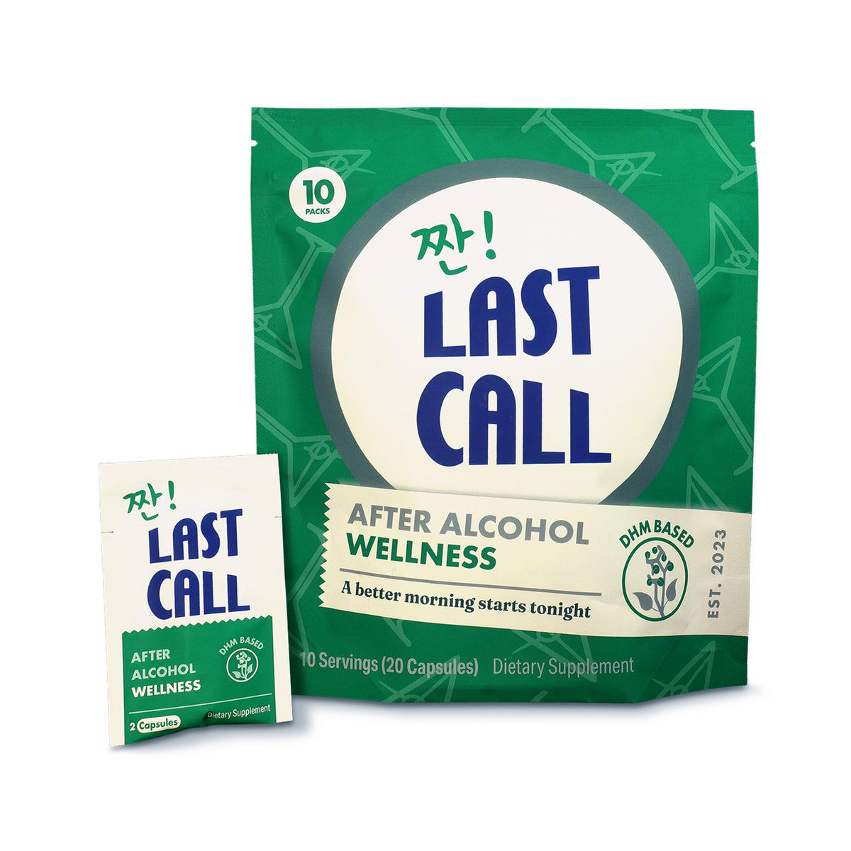 Last Call empaque frontal mostrando diseño y sobres individuales, fácil transporte