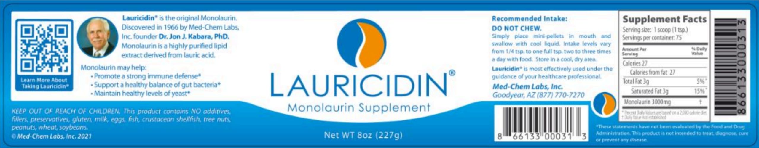 Etiqueta nutricional de Lauricidin destacando ingredientes puros y transparentes