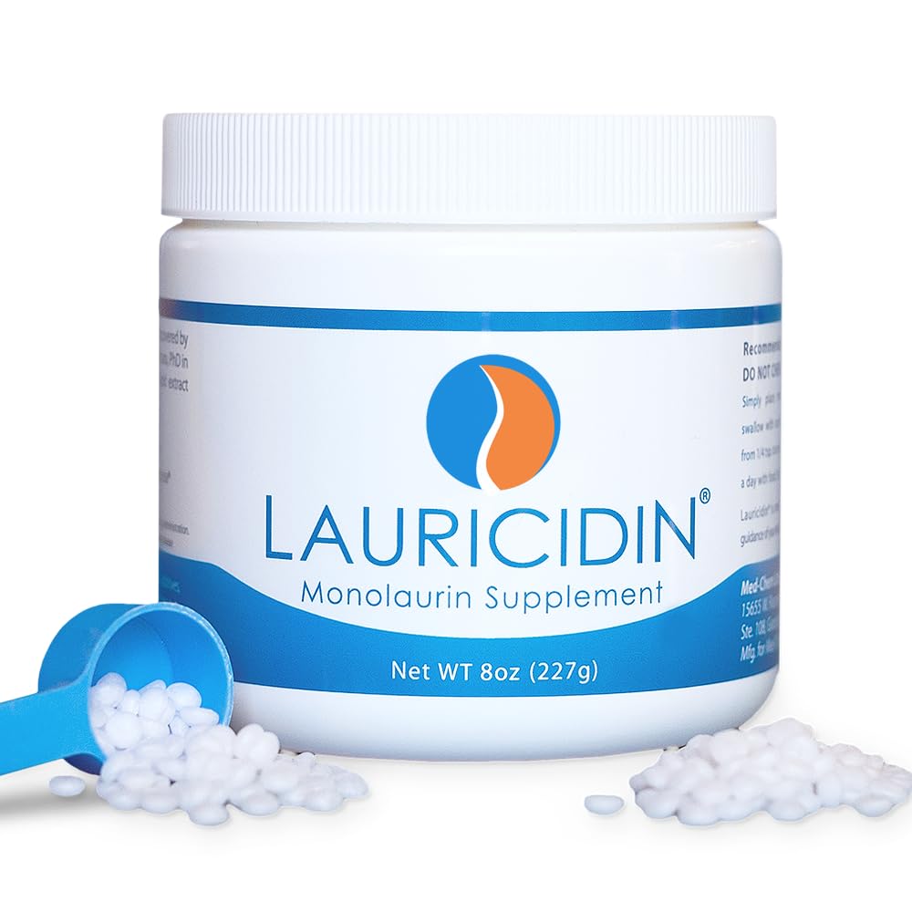 Lauricidin frasco frontal mostrando la marca y beneficio de soporte inmunitario