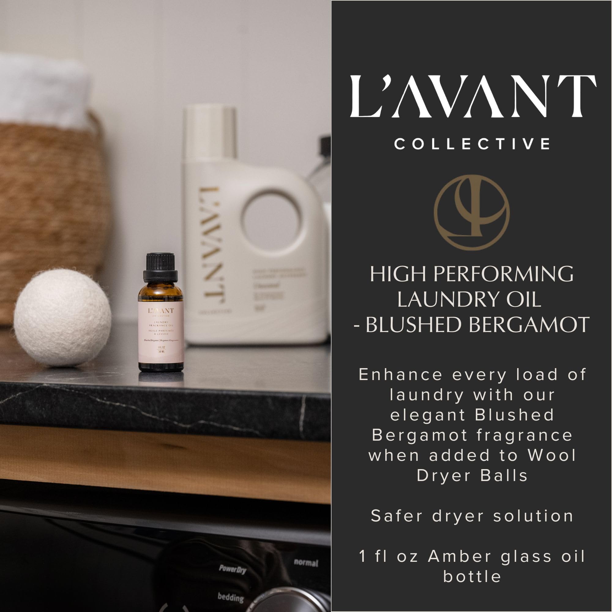 L'AVANT Collective frasco 1 oz junto a regla para comparar tamaño y control de dosis