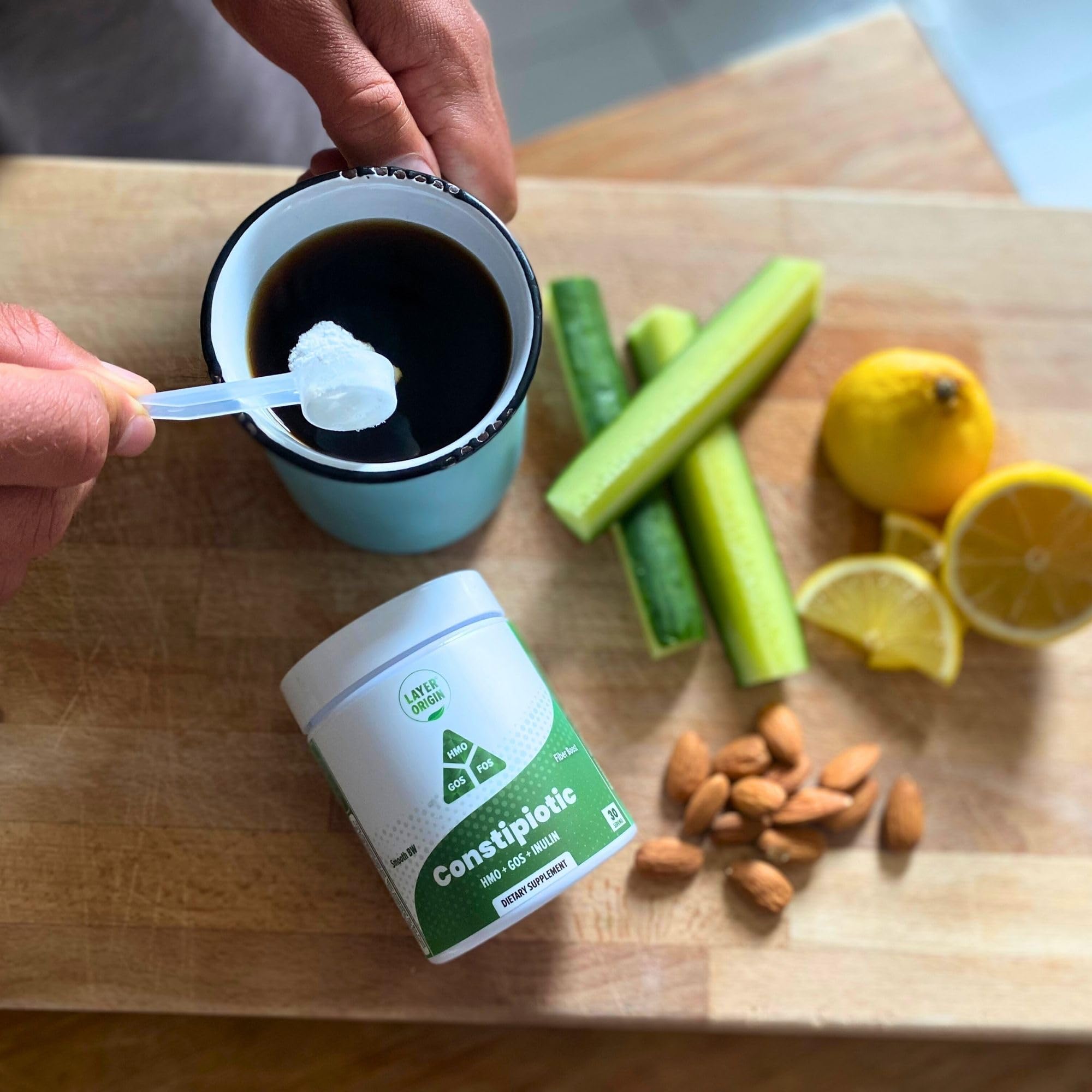 Layer Origin etiqueta con lista de ingredientes y beneficios claros