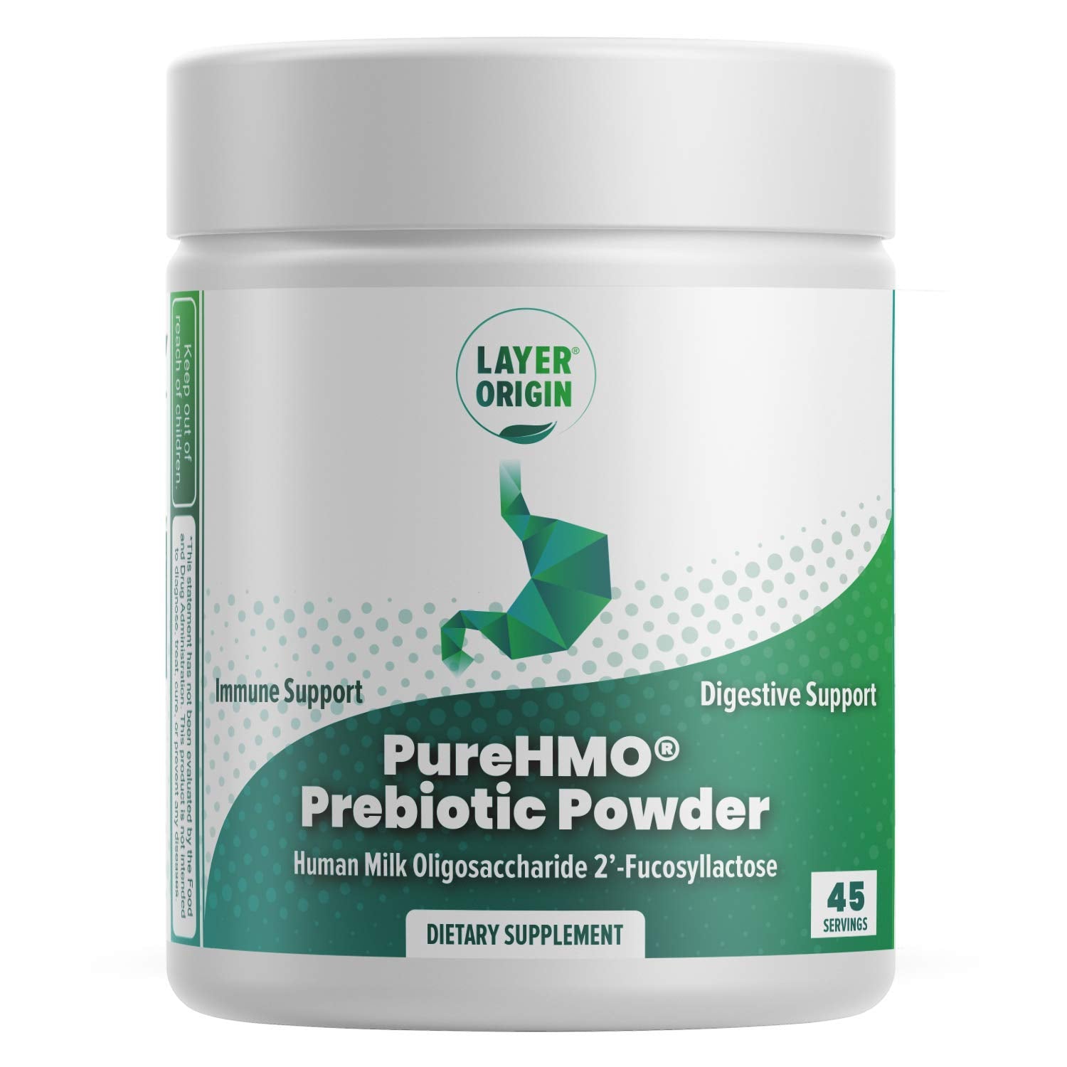 Layer Origin envase frontal mostrando PureHMO y beneficio de prebiótico puro