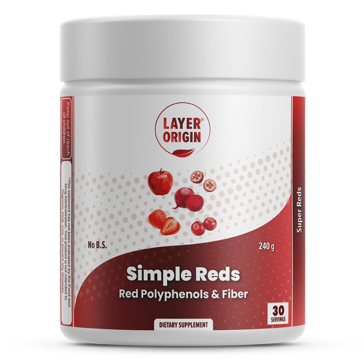 Layer Origin Simple Reds frente del empaque mostrando diseño y claridad de ingredientes orgánicos