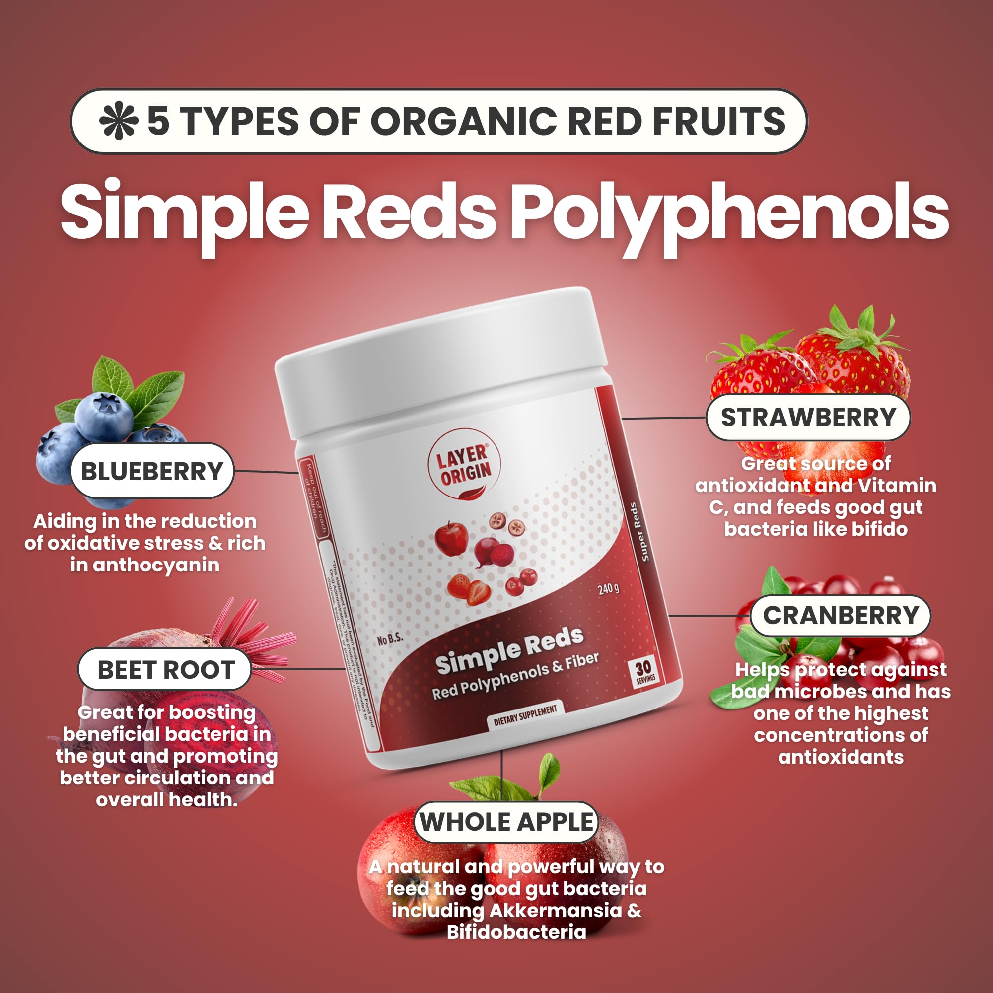 Layer Origin Simple Reds cucharada porcionada que muestra la medida de 1 porción fácil