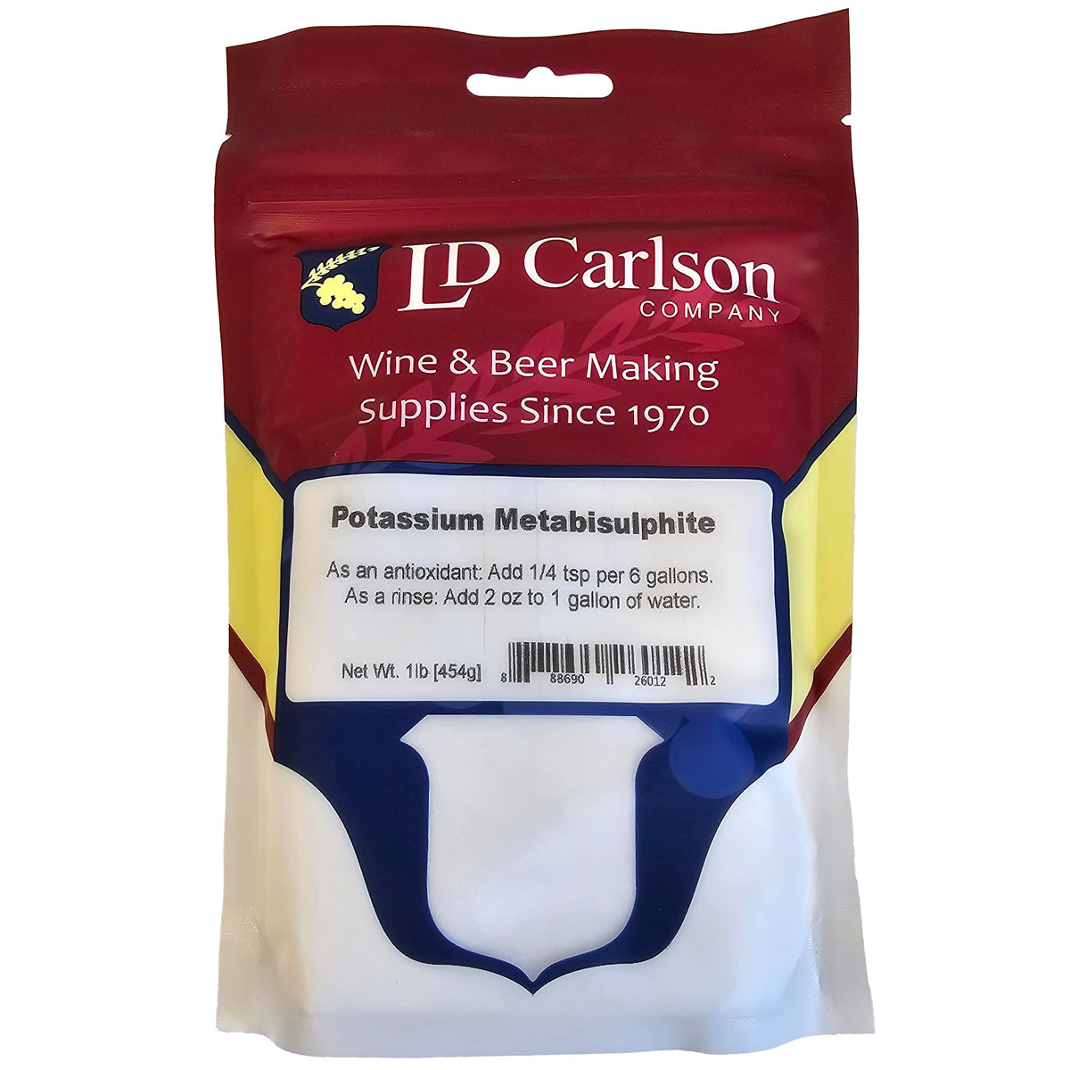 LD Carlson frente del paquete mostrando 1 lb y utilidad en vinificación