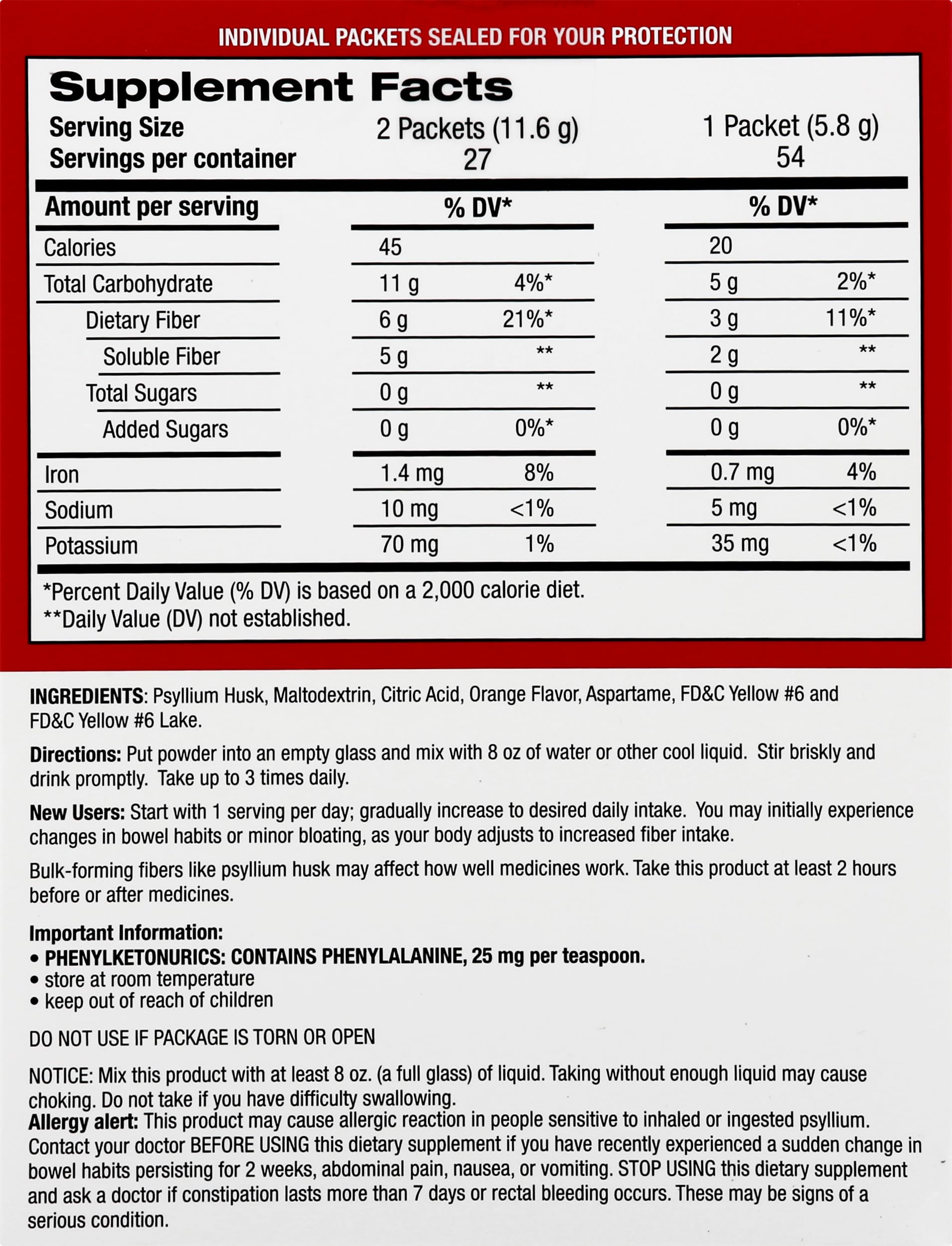 Detalle del polvo de psyllium Leader en sobre abierto, textura fina y sin grumos