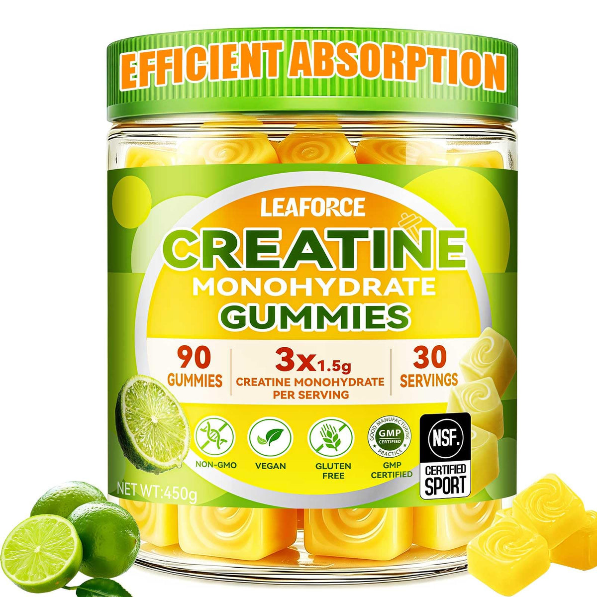 LEAFORCE paquete frontal mostrando gomitas y beneficios prácticos