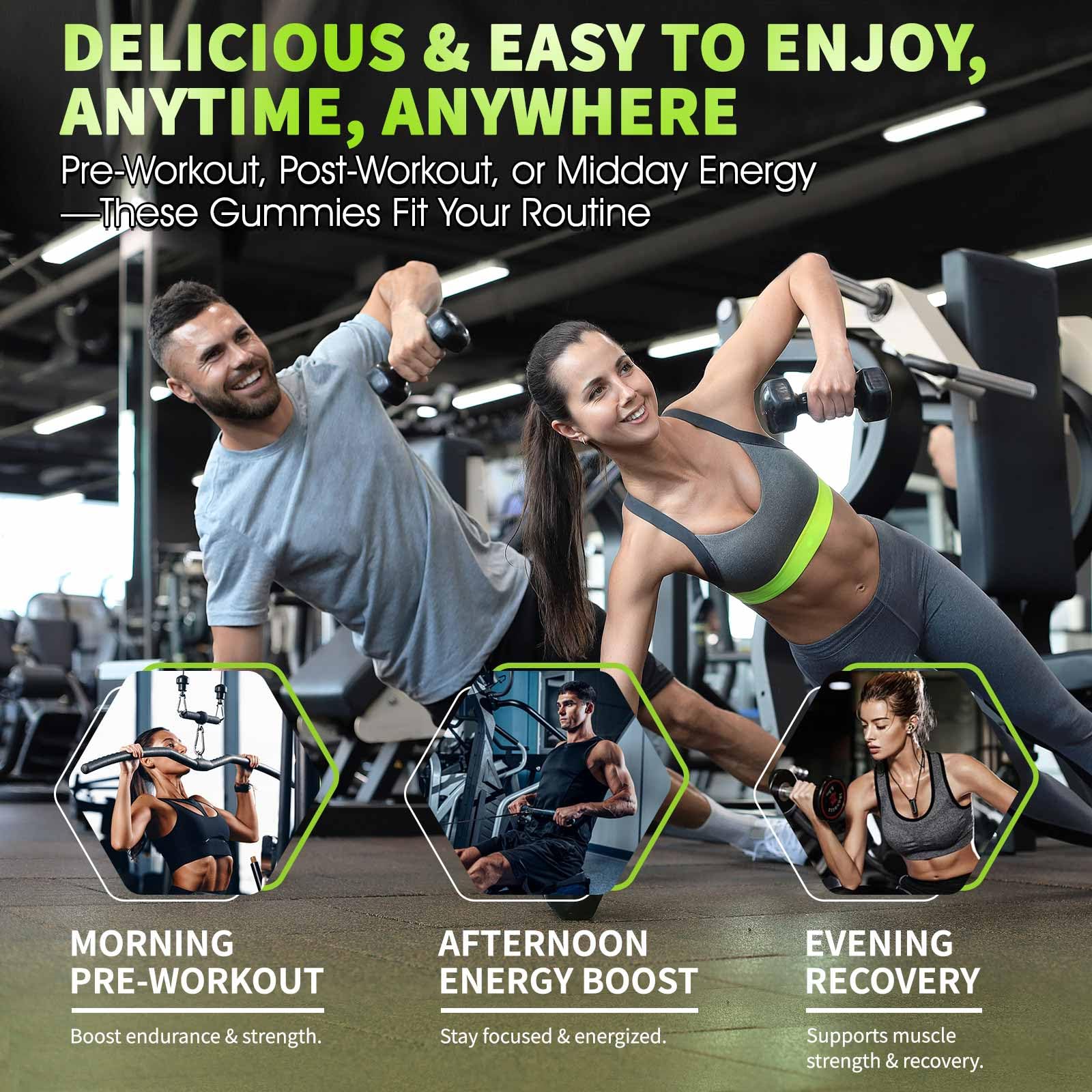 LEAFORCE persona en gimnasio tomando gomita para entrenamiento