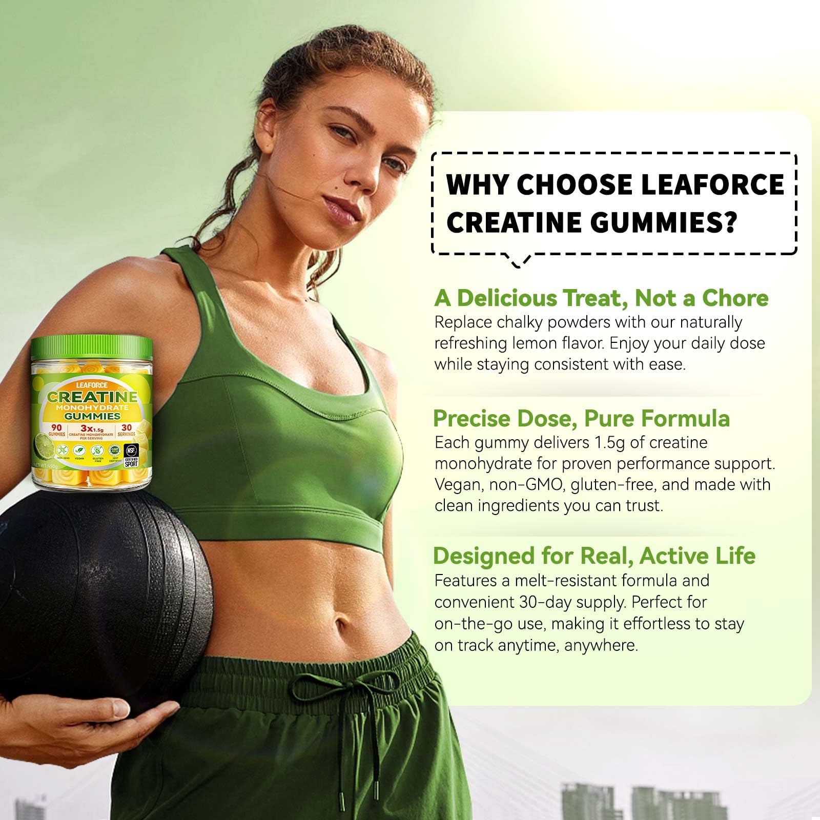 LEAFORCE etiqueta con ingredientes y certificación GMP visibles