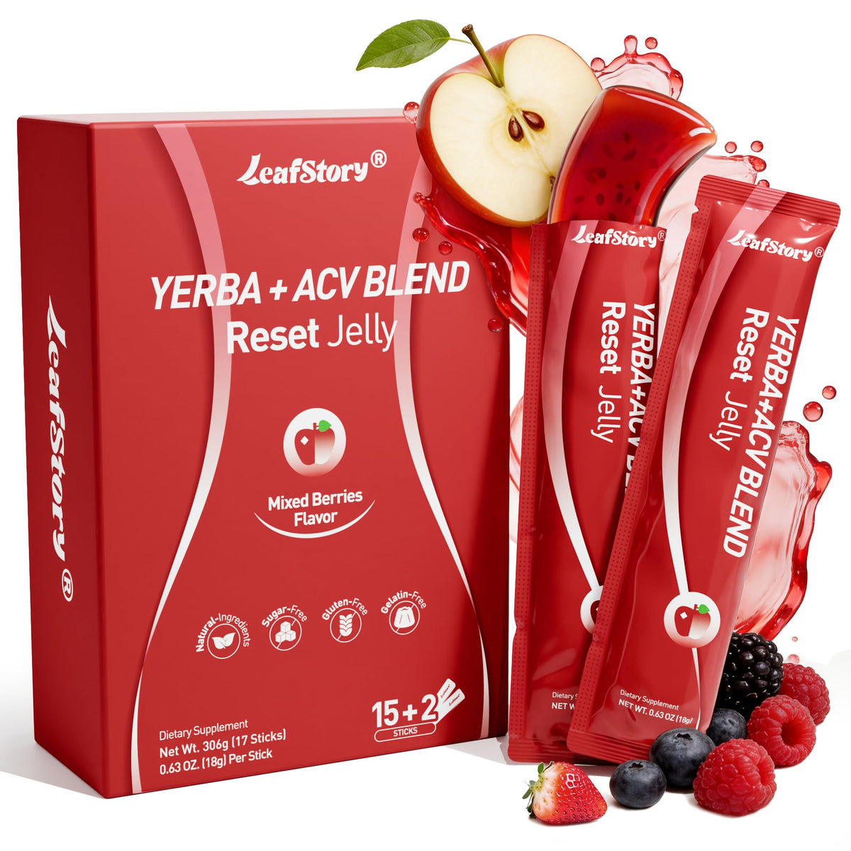 LeafStory pack frontal mostrando 17 sticks y beneficio portabilidad