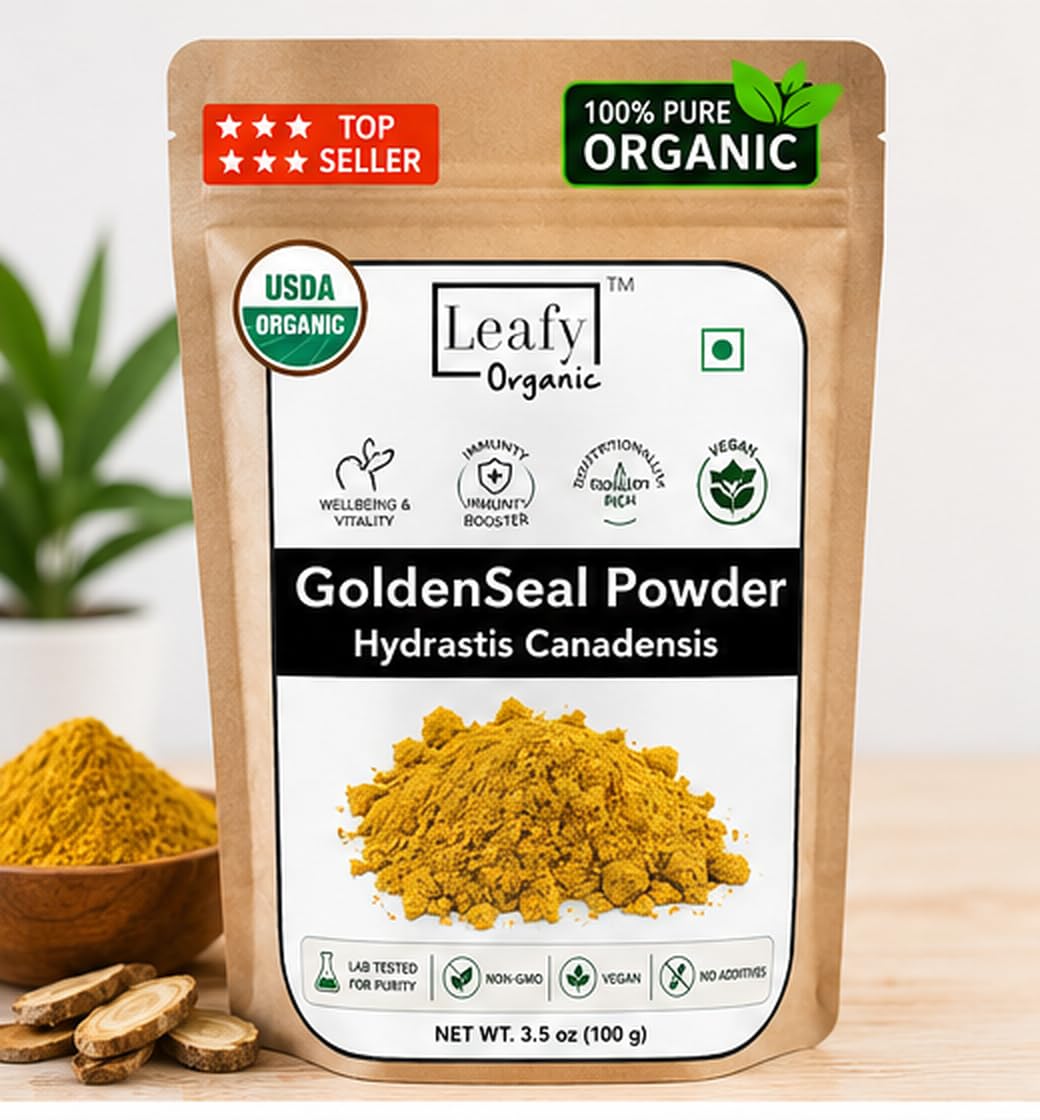 Close-up del polvo de Leafy Organic mostrando textura fina y natural