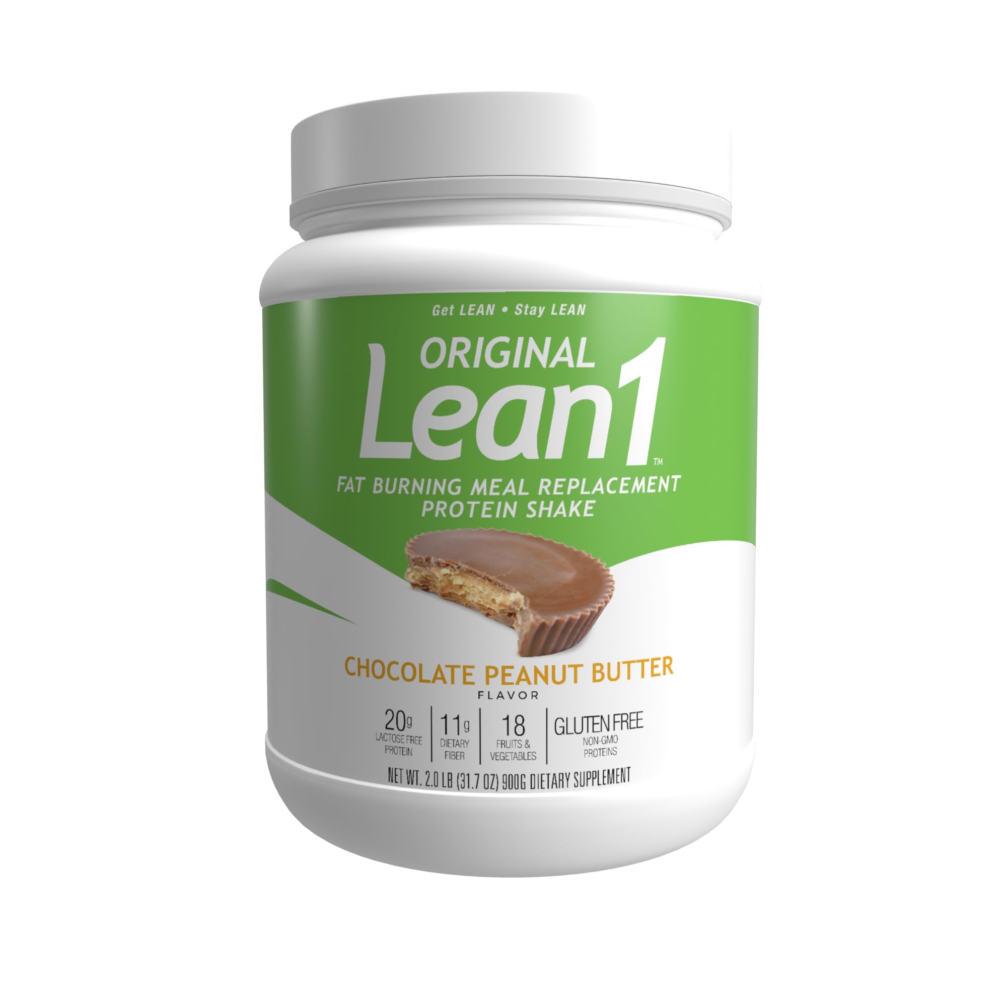LEAN1 envase frontal chocolate cacahuete mostrando diseño y beneficios