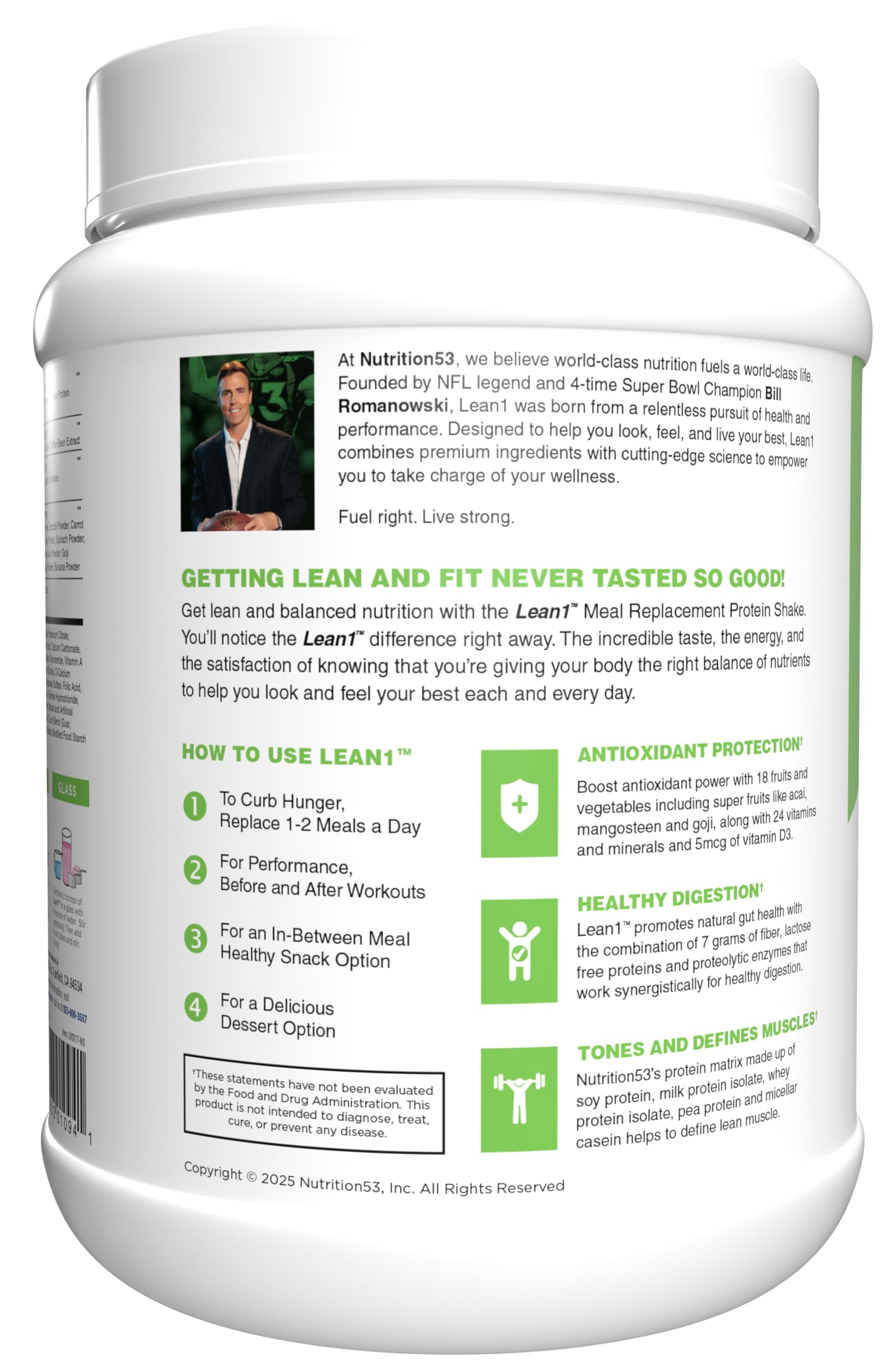 LEAN1 etiqueta de ingredientes destacando vitaminas y proteínas