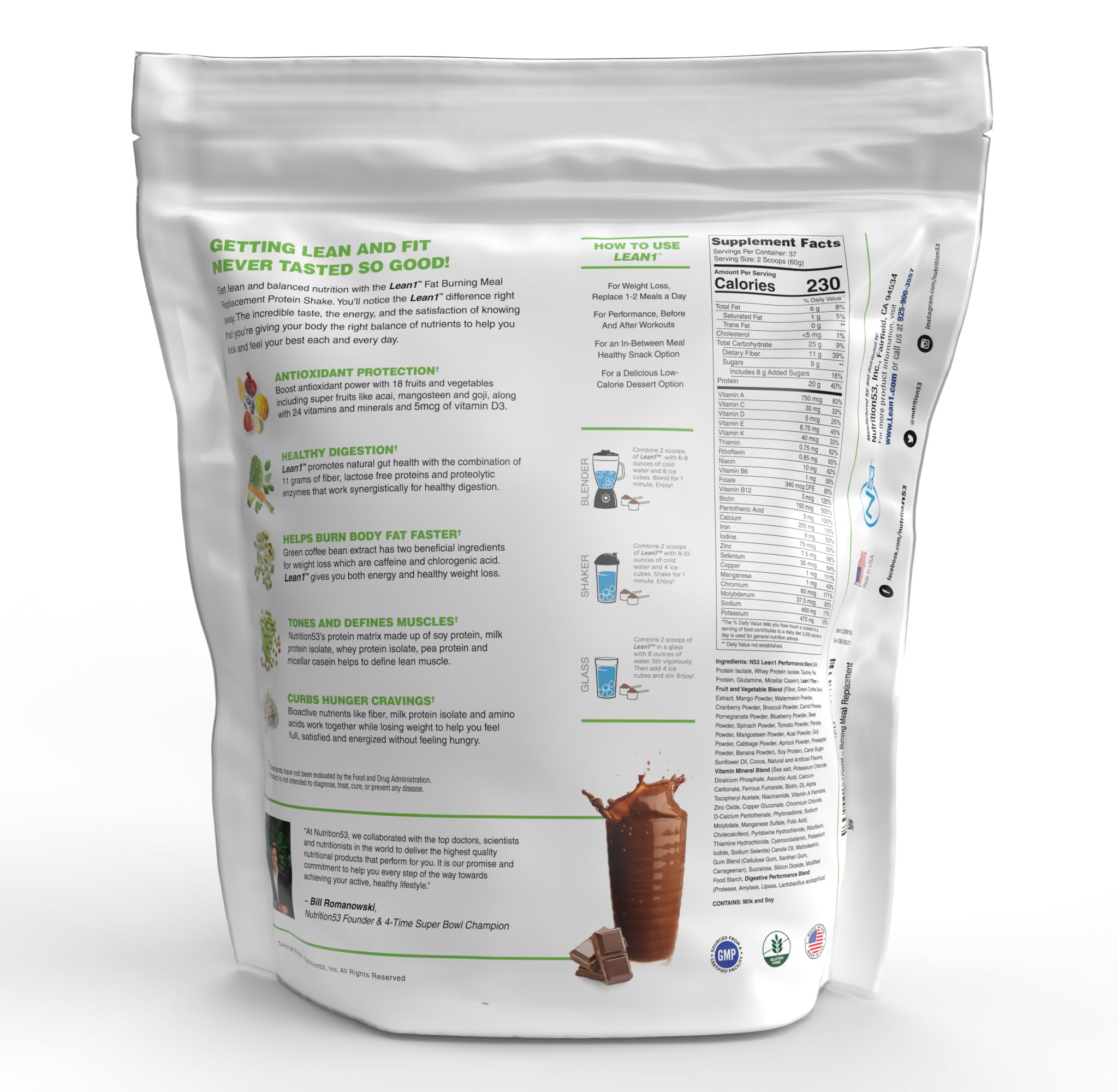 LEAN1 etiqueta nutricional detalle de proteínas, fibra y vitaminas