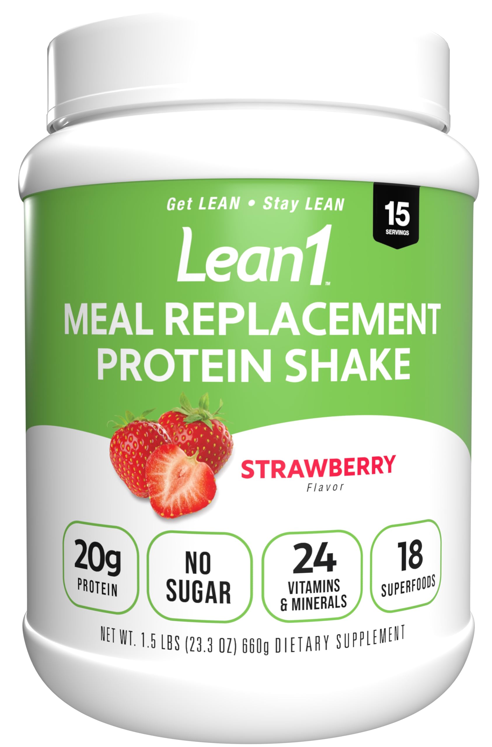 LEAN1 tarro frontal sabor fresa mostrando diseño y cantidad útil