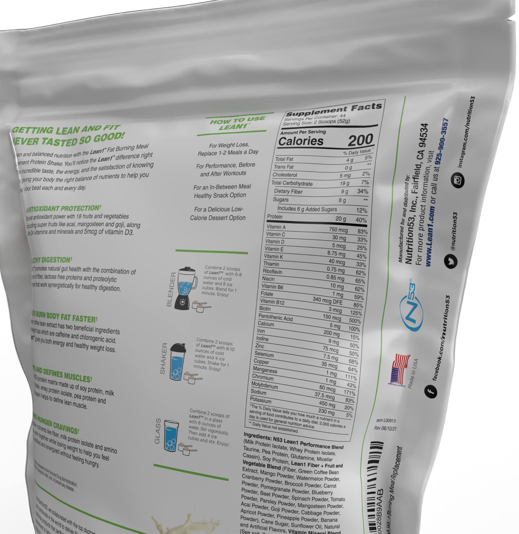 LEAN1 bolsa 5 lb junto a una cuchara ilustrando 44 raciones convenientes