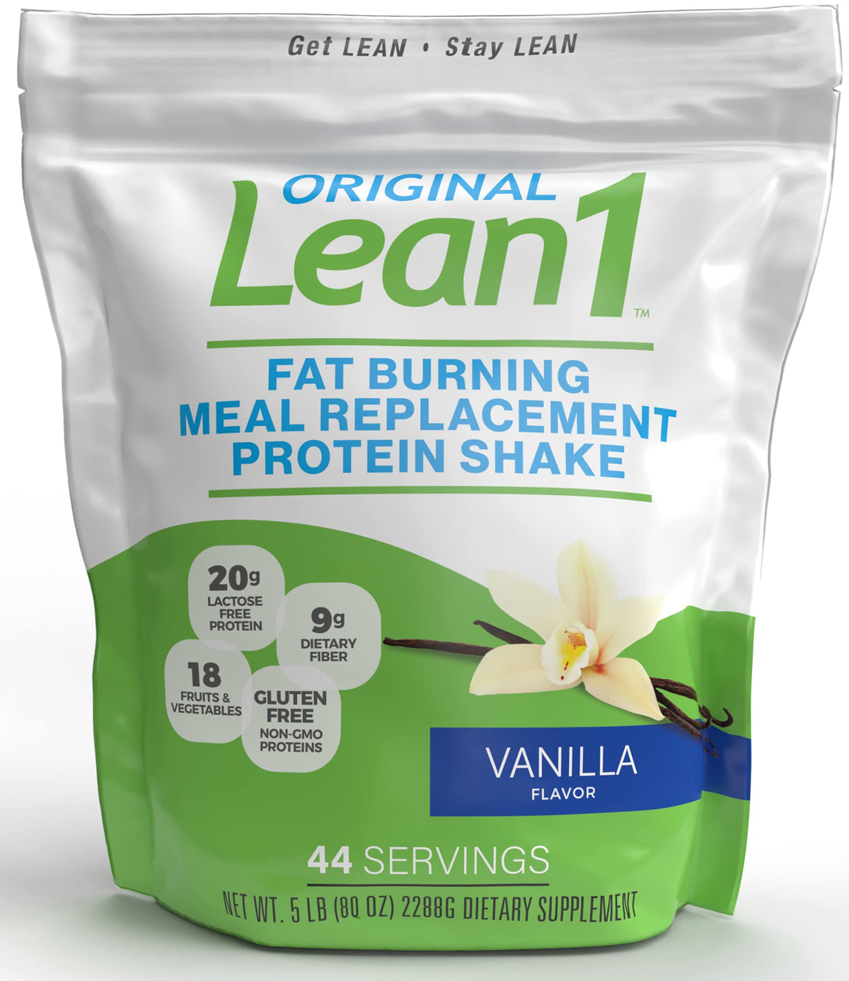 LEAN1 empaque frontal vainilla muestra raciones y beneficios nutricionales