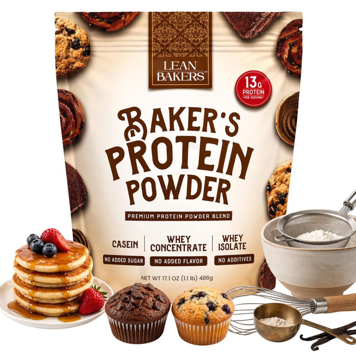 LEANBAKERS presentación frontal del paquete resellable para hornear con proteína