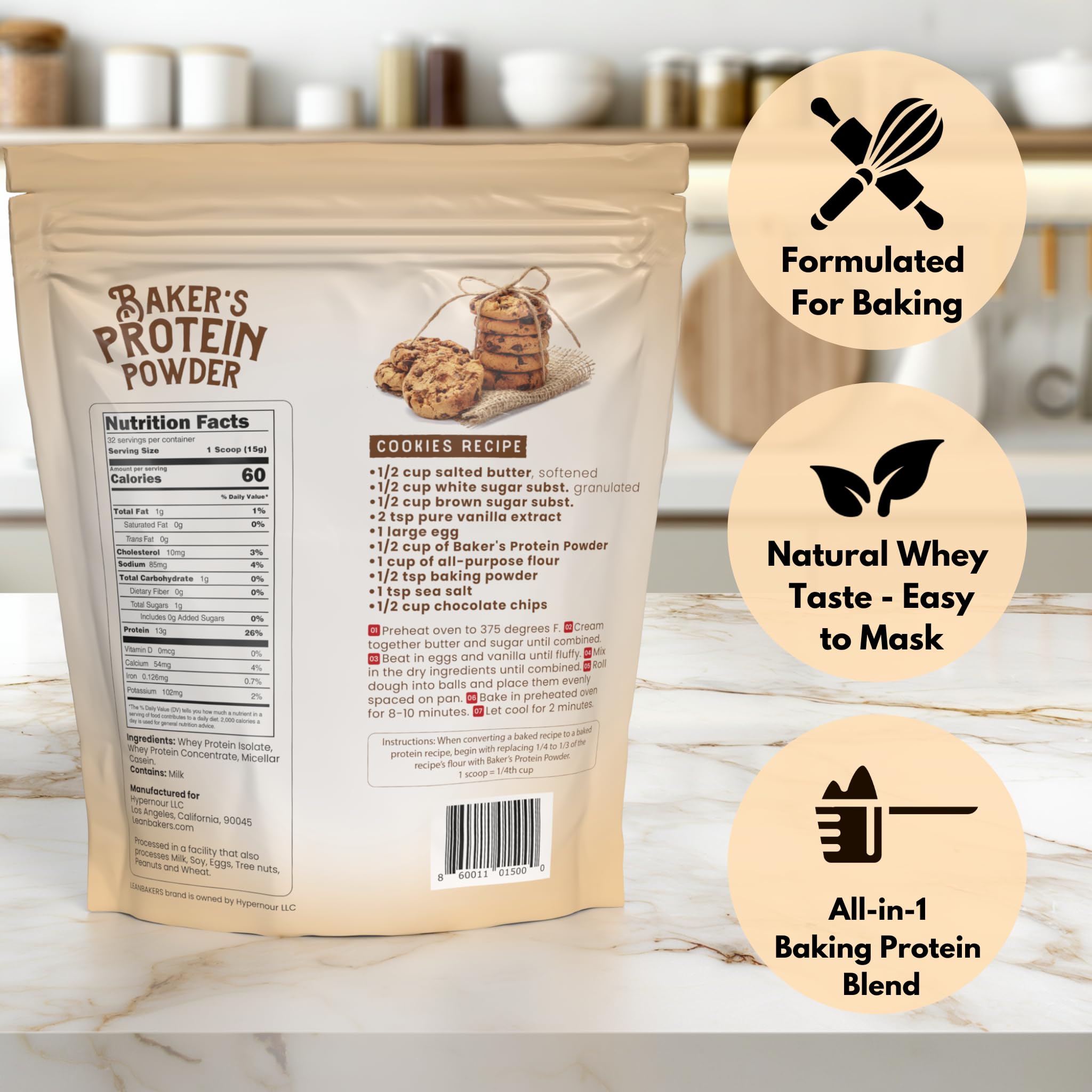 LEANBAKERS textura del polvo proteico cercano muestra mezcla fina y homogénea