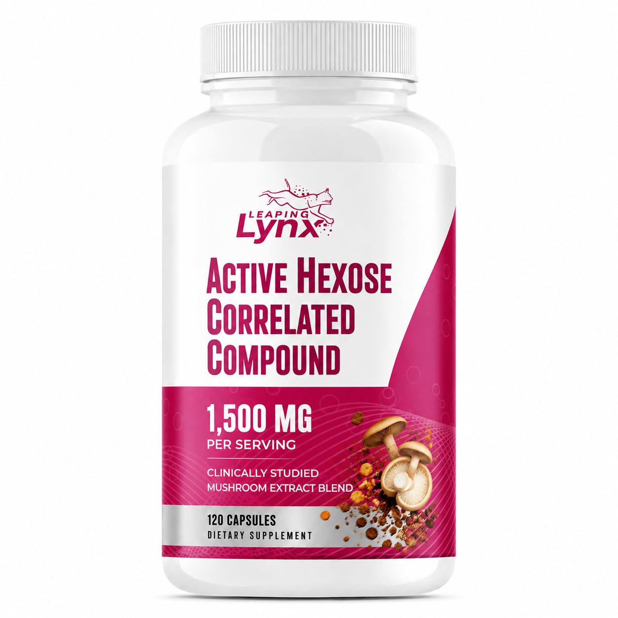 Leaping Lynx frasco frontal que muestra 120 cápsulas y beneficio de dosis diaria