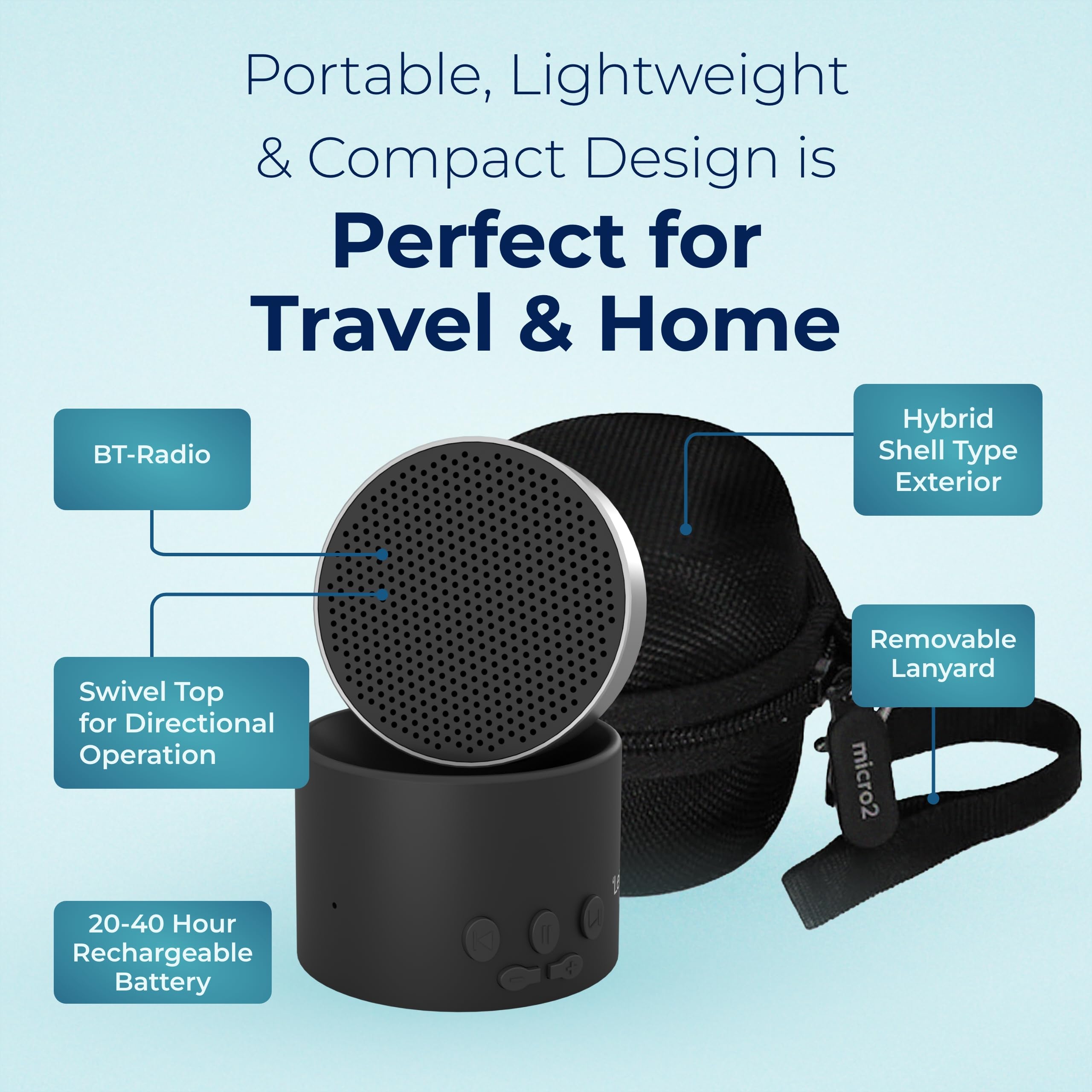 Adaptive Sound Technologies LectroFan Micro2 junto a una mano y objeto para comparar tamaño portátil