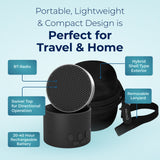 Adaptive Sound Technologies LectroFan Micro2 junto a una mano y objeto para comparar tamaño portátil