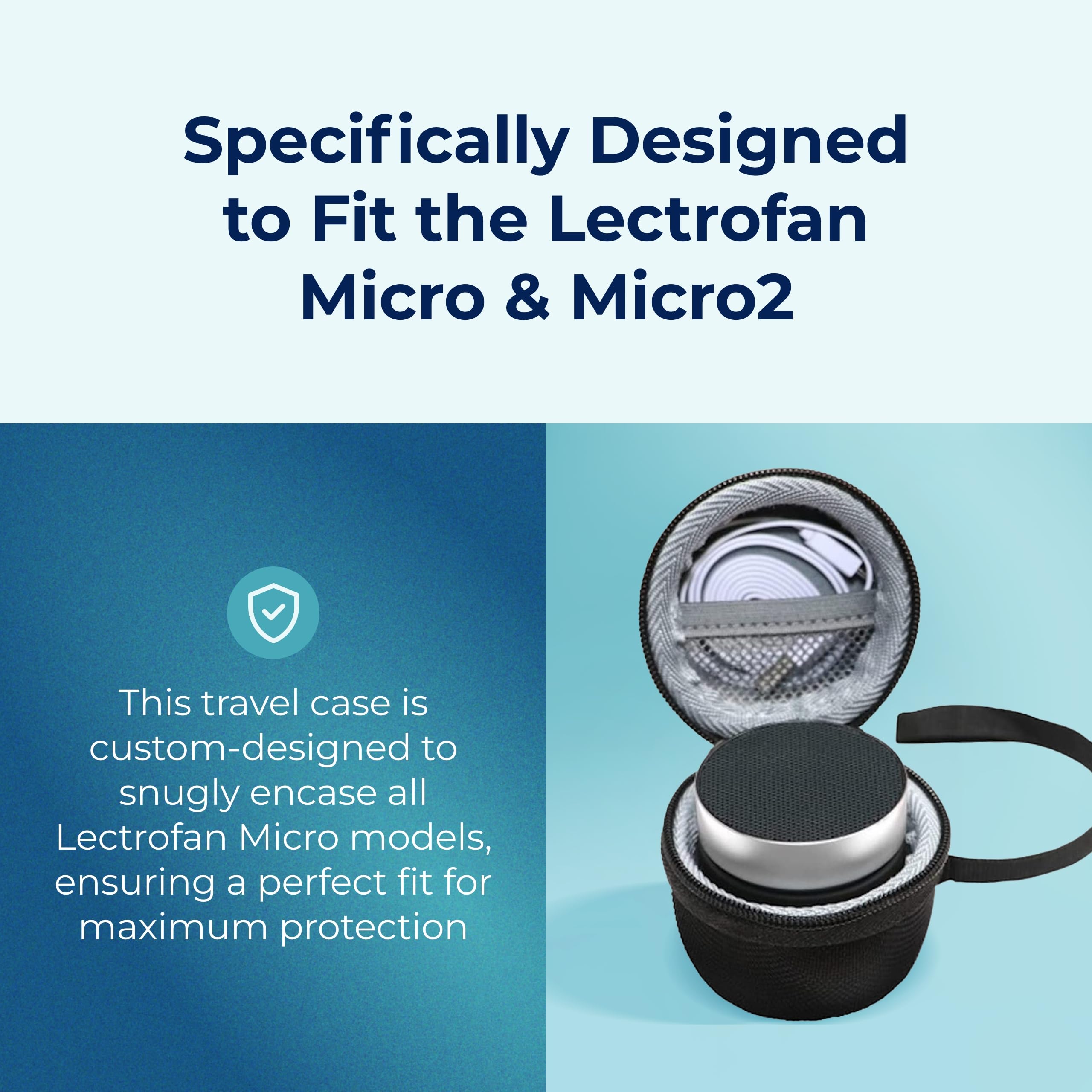 Adaptive Sound Technologies LectroFan Micro2 en su funda protectora organizada para viaje