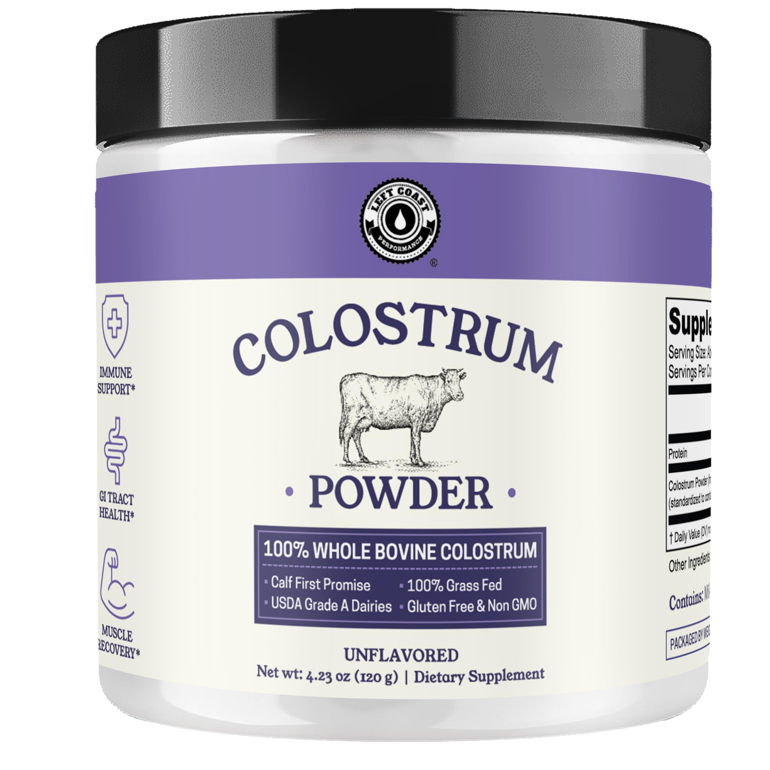 Left Coast Performance empaque frontal mostrando el envase y beneficios
