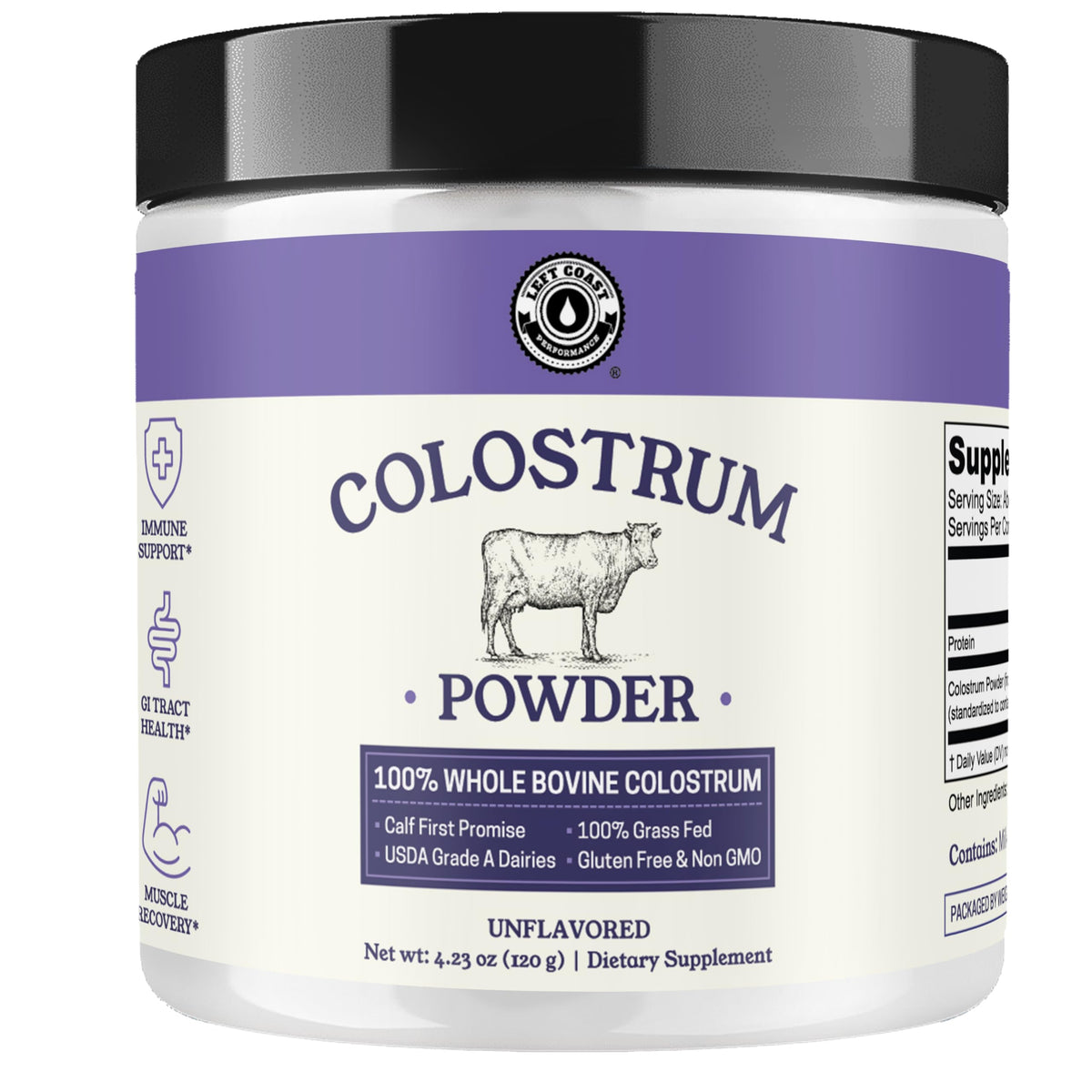 Left Coast Performance empaque frontal mostrando el envase y beneficios