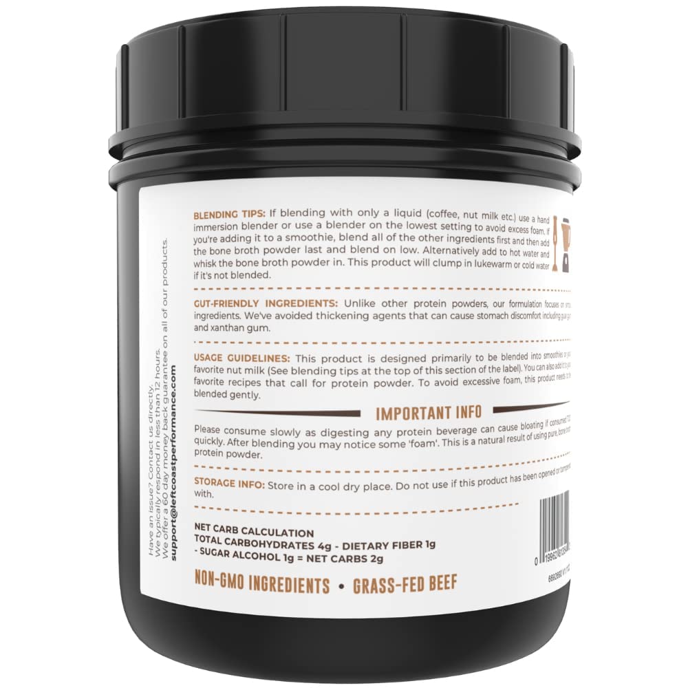 Left Coast Performance etiqueta nutricional mostrando proteínas y colágeno