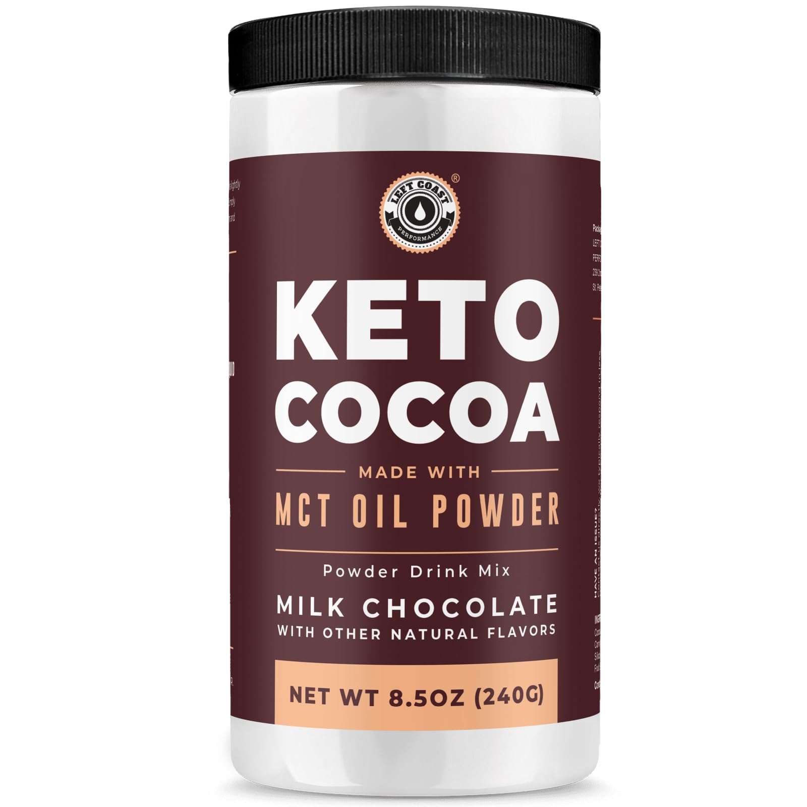 Left Coast Performance empaque frontal mostrando el producto keto y beneficio bajo en carbohidratos