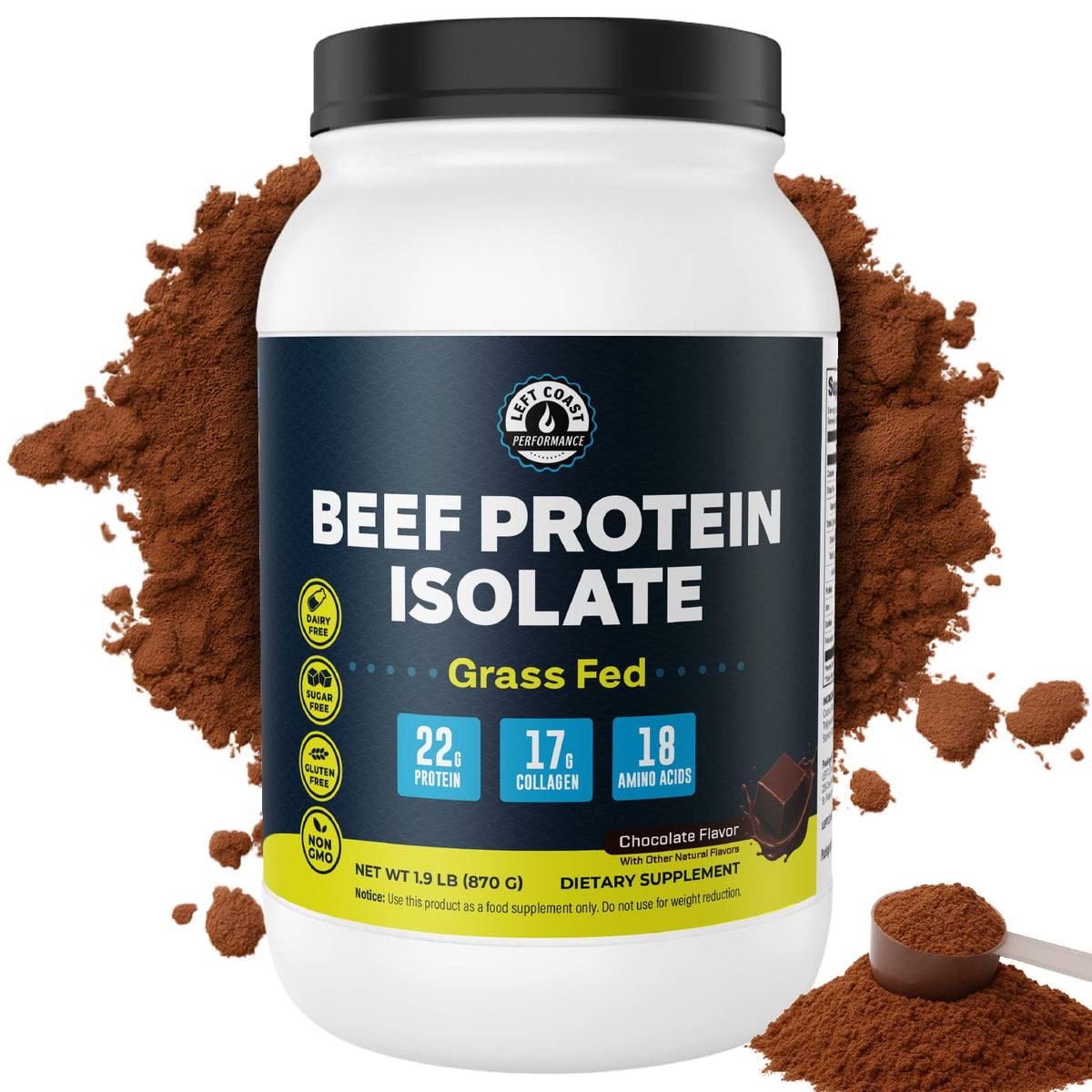 Left Coast Performance frente del envase mostrando beneficios y sabor chocolate