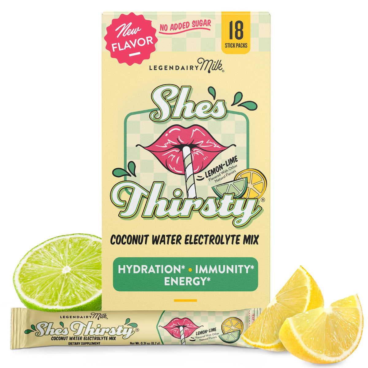 Legendairy Milk empaque frontal She’s Thirsty Lemon-Lime mostrando sobres y beneficios