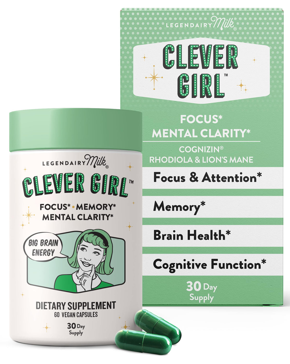 Legendairy Milk envase Clever Girl frontal mostrando presentación y beneficio de enfoque