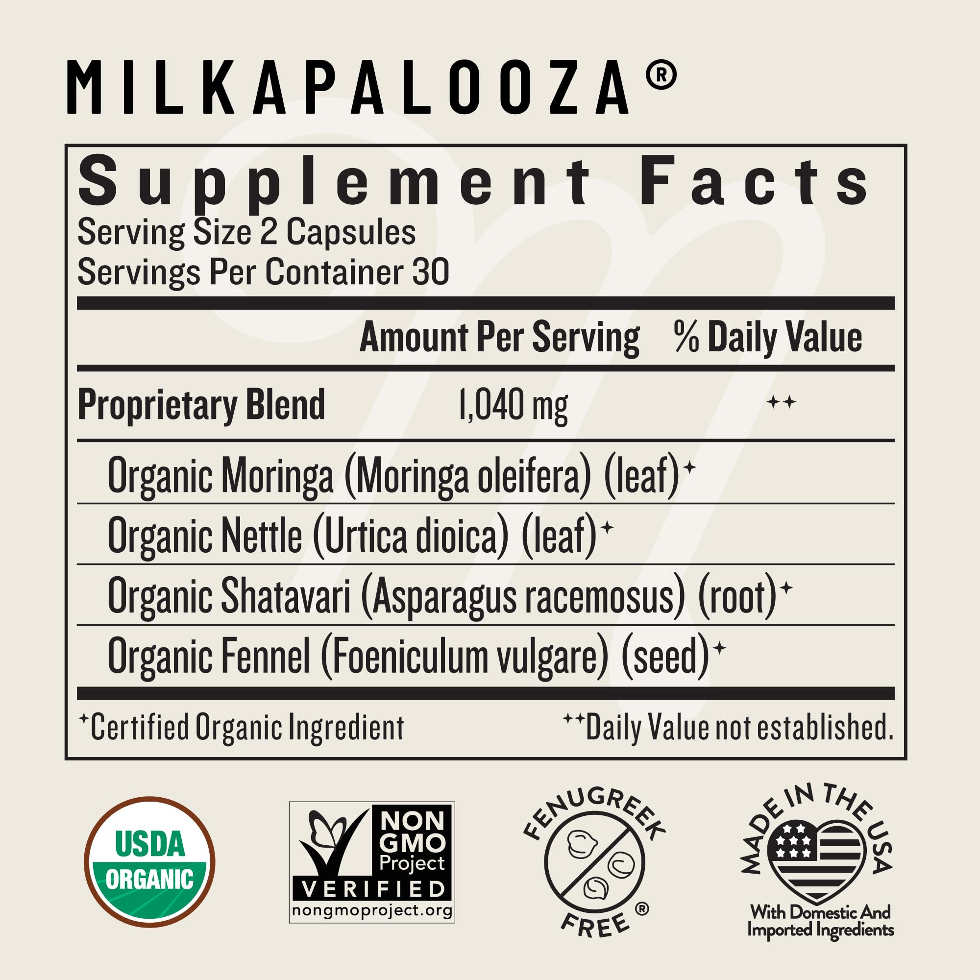 Legendairy Milk etiqueta con certificaciones orgánicas y Non-GMO