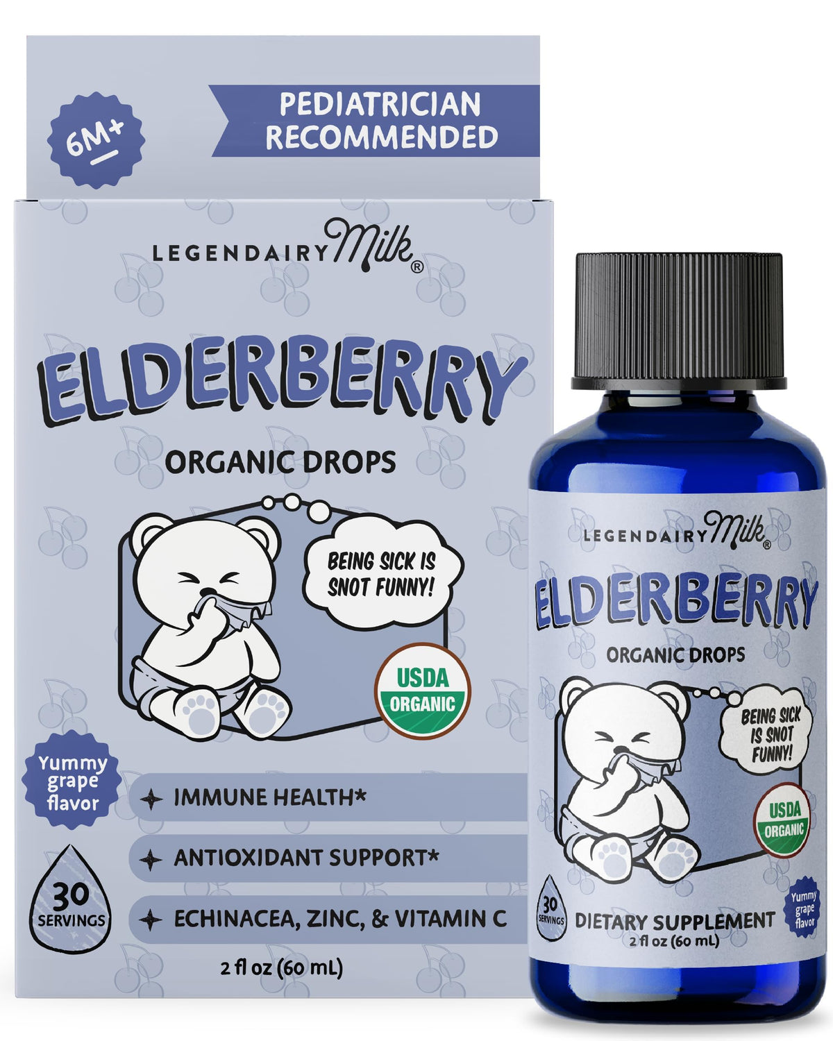 Legendairy Milk frasco frontal con etiqueta visible y diseño amigable para padres