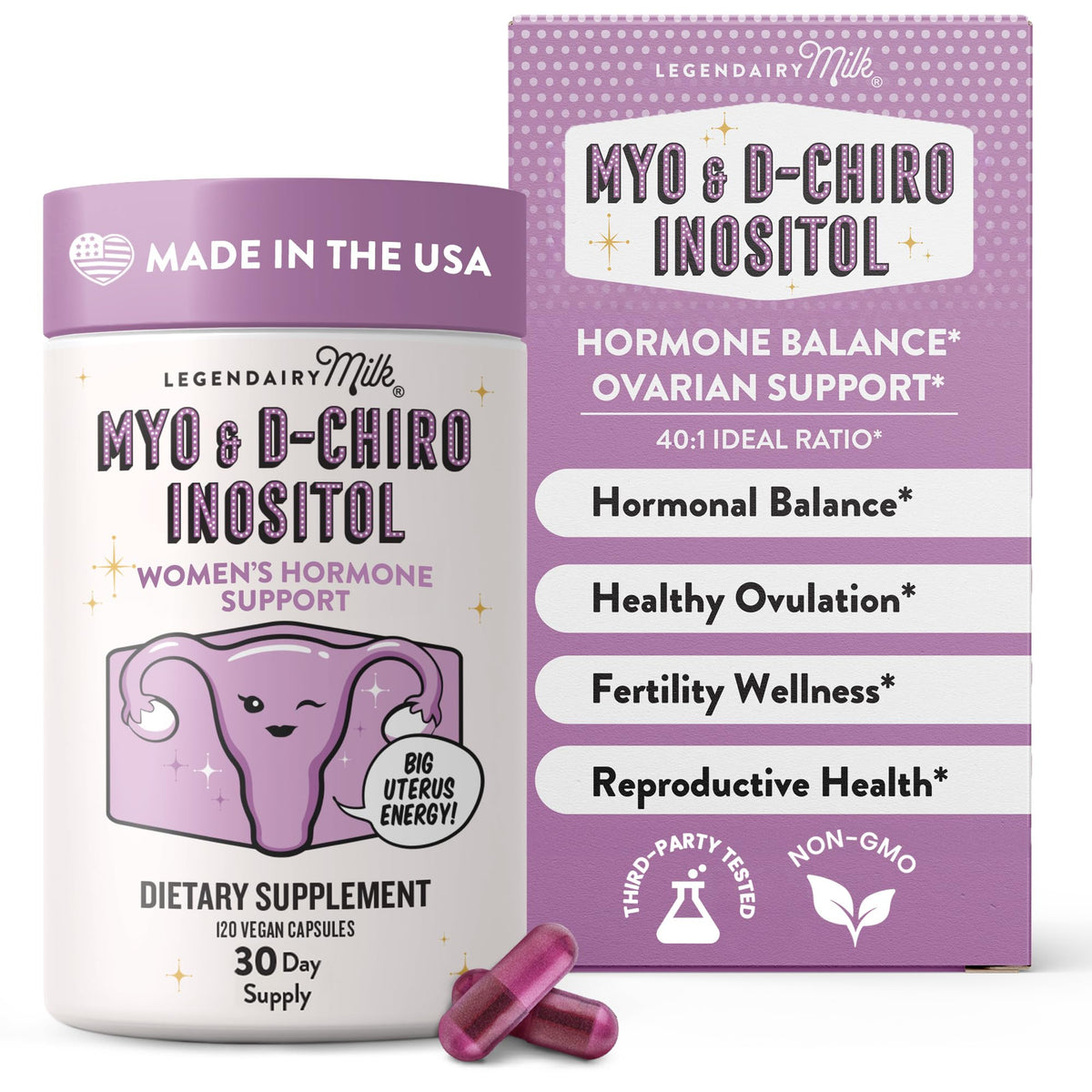 Legendairy Milk envase frontal que muestra la proporción 40:1 y 120 cápsulas