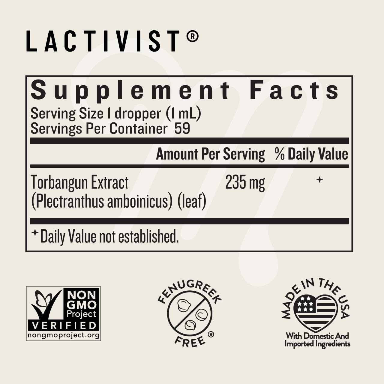 Legendairy Milk etiqueta con ingredientes destacando torbangun orgánico