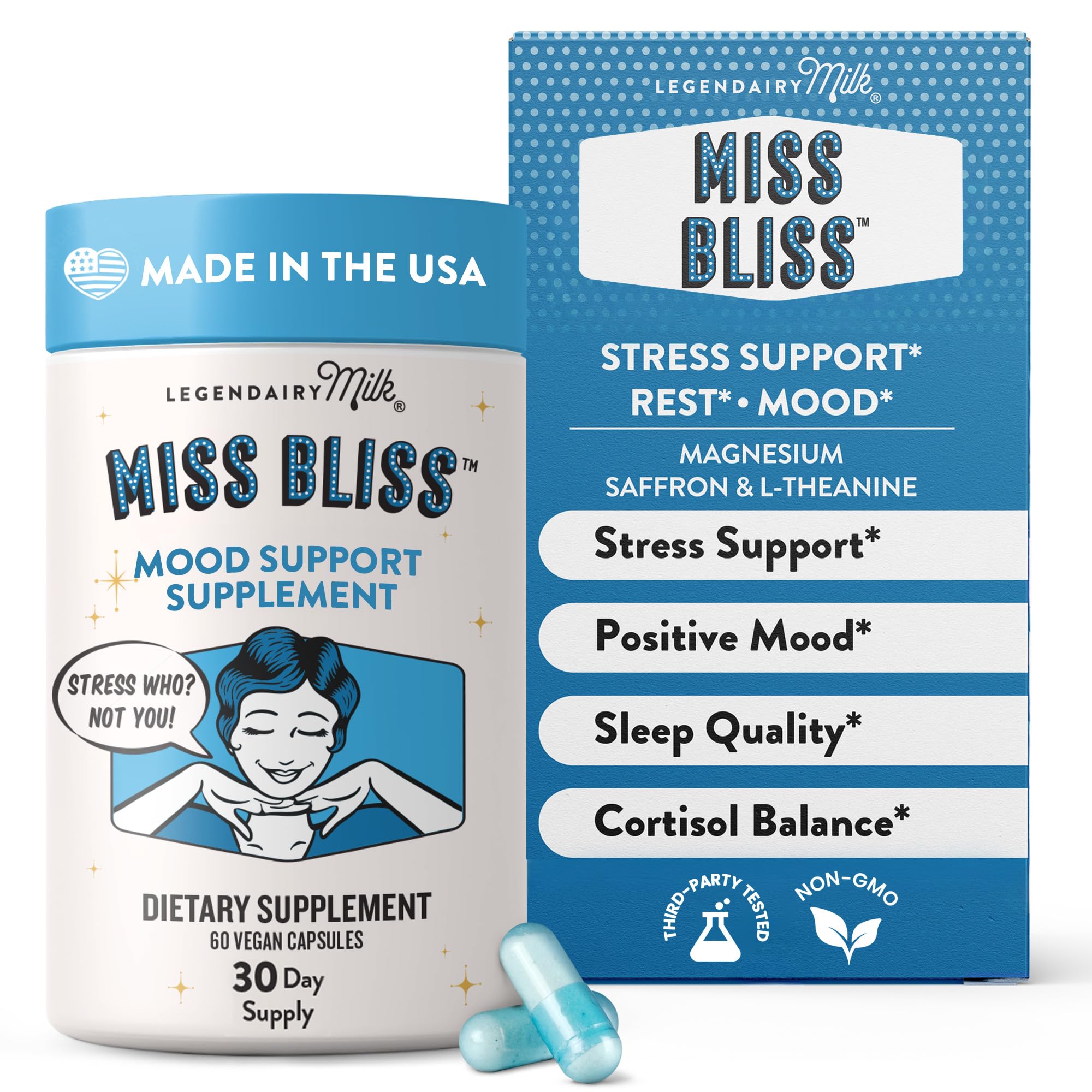 Legendairy Milk envase frontal mostrando Miss Bliss y beneficios claros