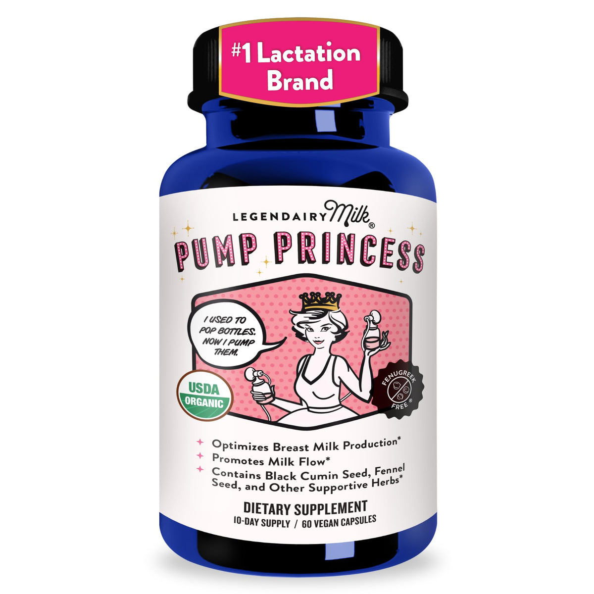 Legendairy Milk envase frontal del suplemento Pump Princess mostrando diseño y ventaja vegana