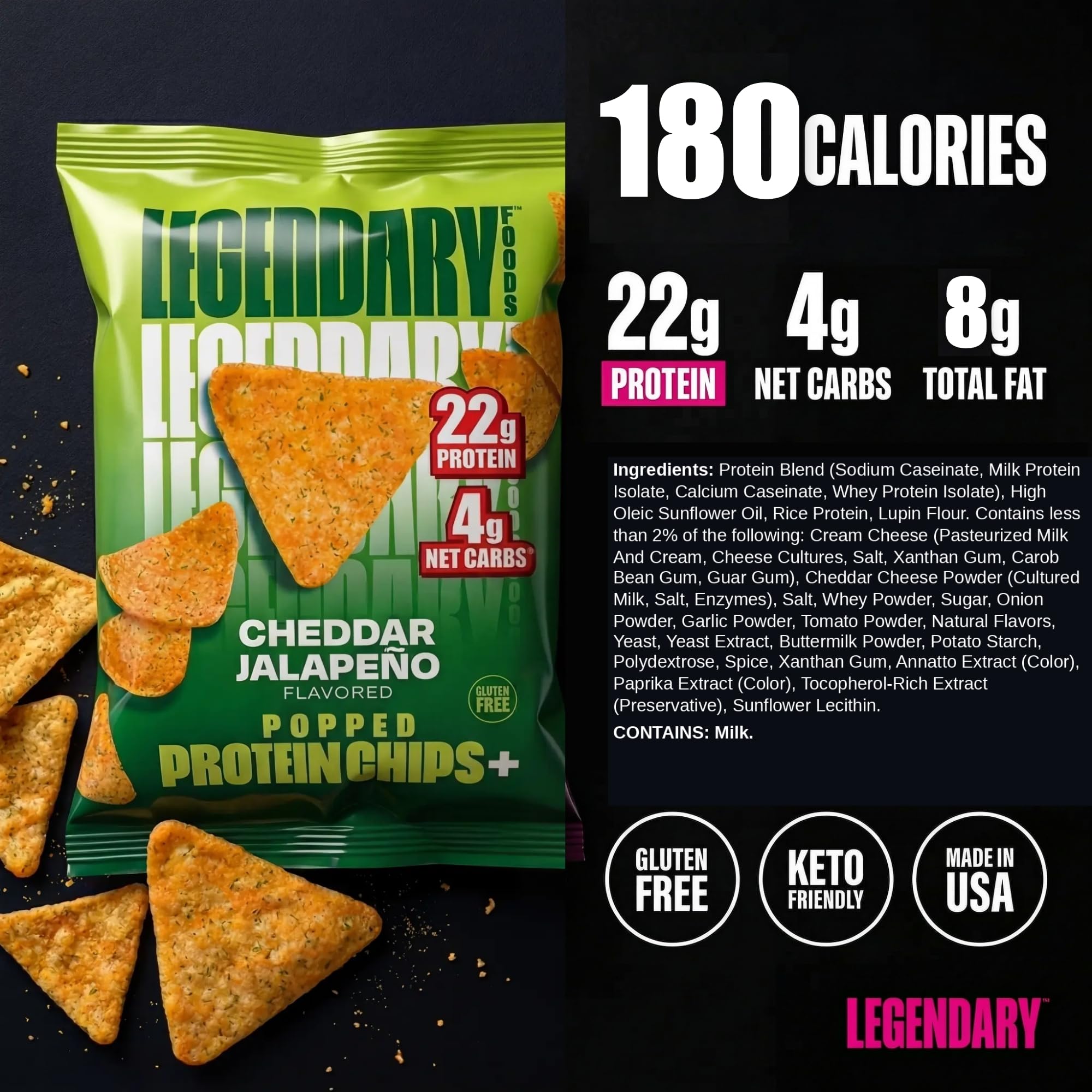 Legendary Foods bolsa abierta con chips visibles y textura apetecible
