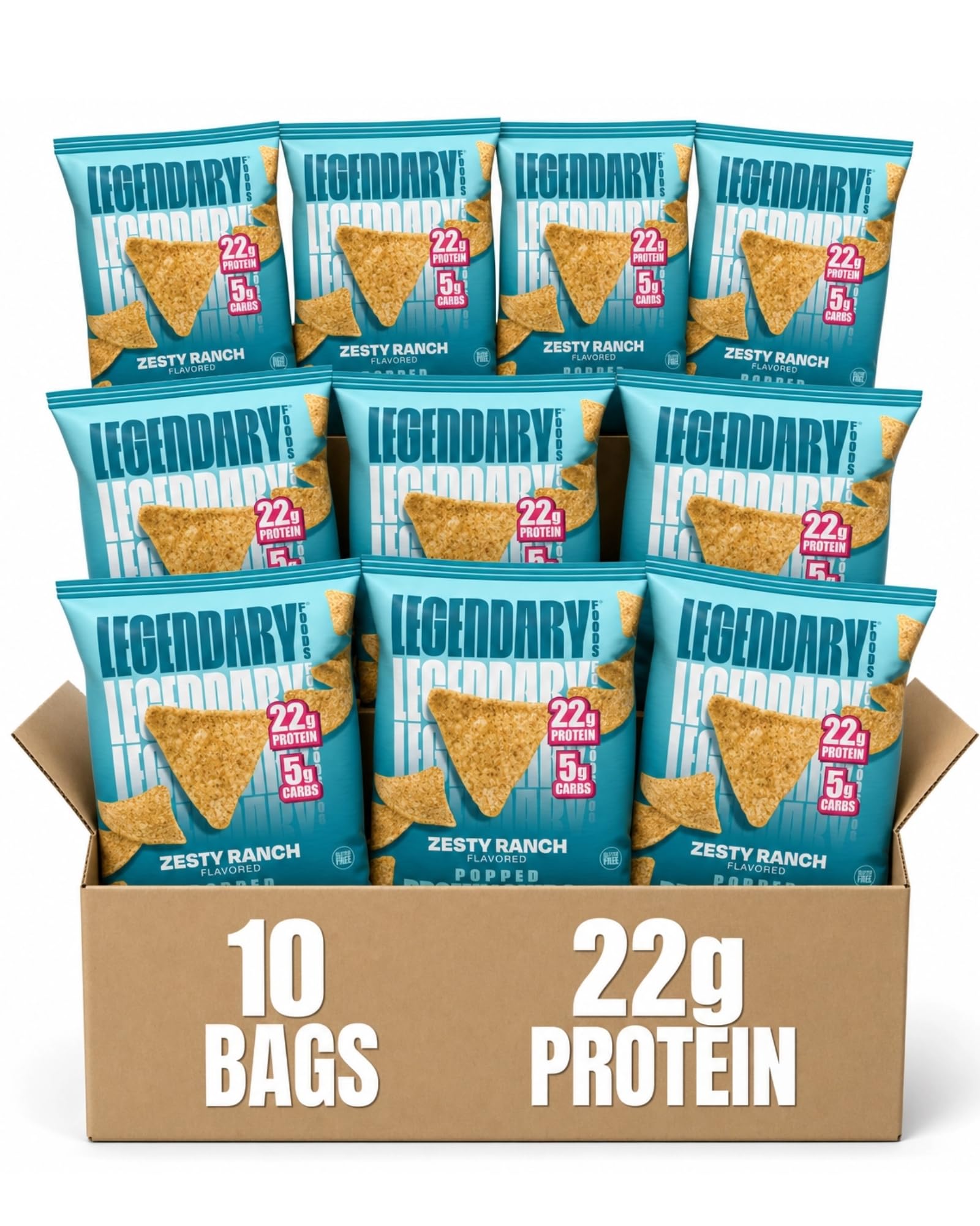 Legendary Foods paquete frontal mostrando proteína alta y sabor Zesty Ranch